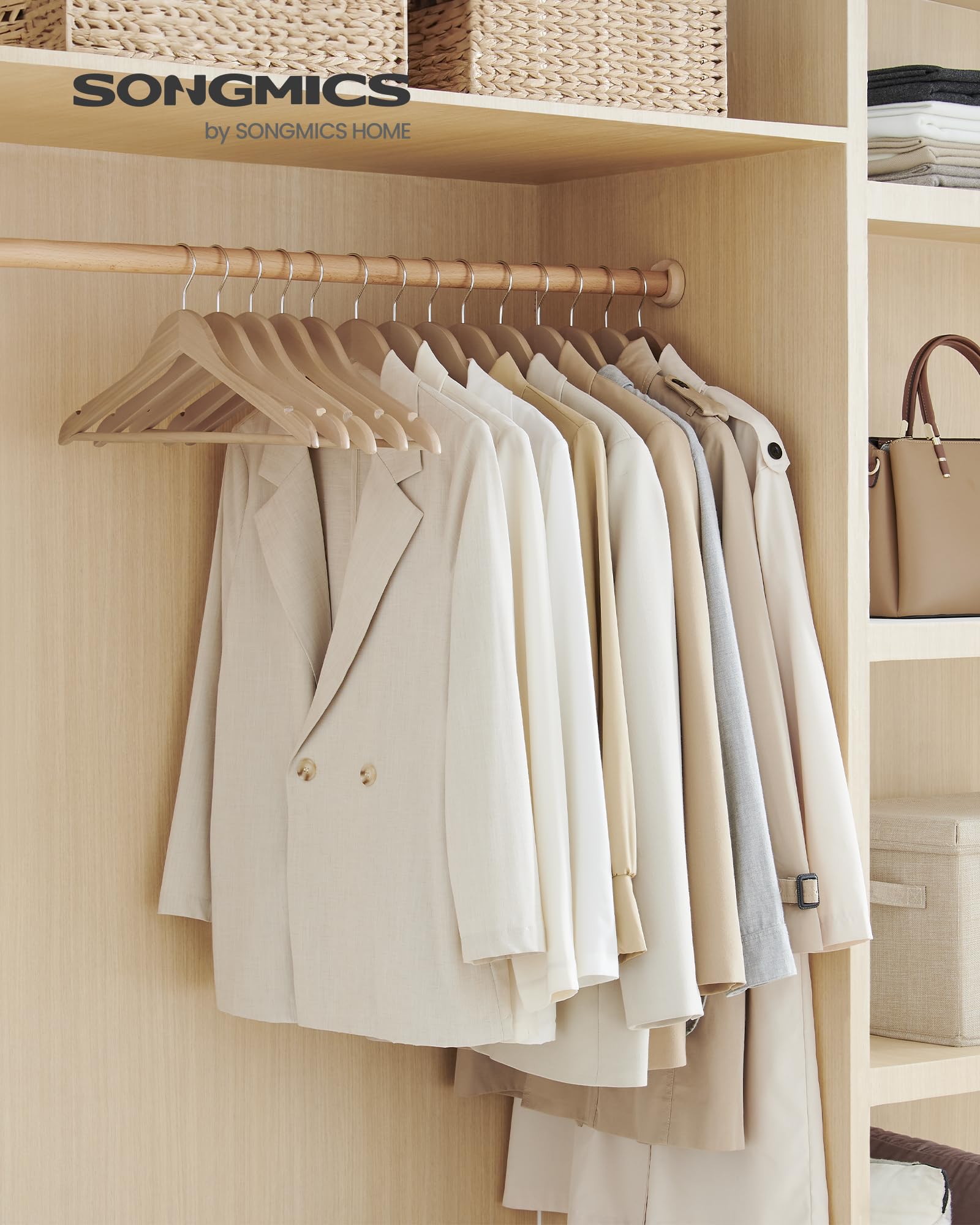 SONGMICS 12-Pack Wooden Clothes Hangers with Non-Slip Pants Bar & 360° Swivel Hooks - Natural Beige Coat Hangers for Jackets, Shirts, Blazers | Perfect for Closet Organization & Wardrobe Storage