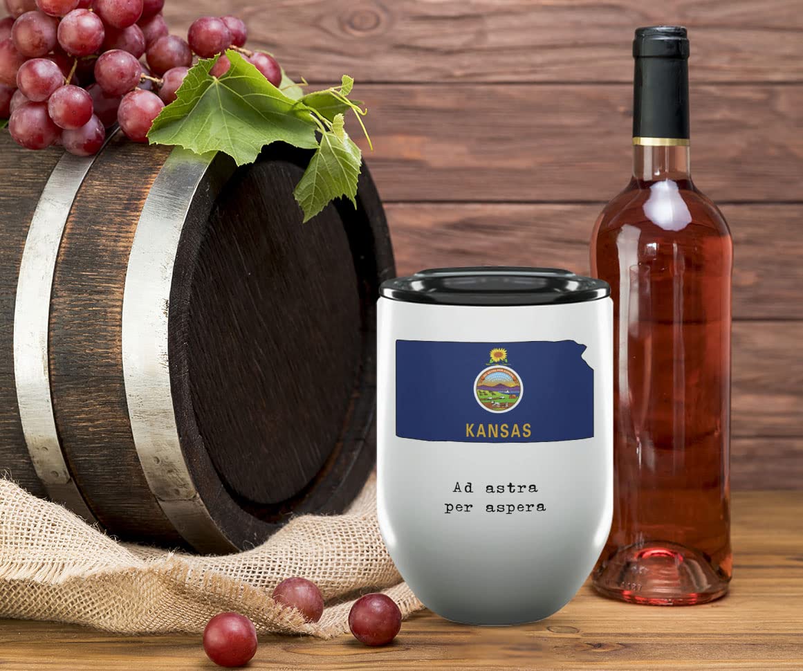 12 Oz Insulated Wine Tumbler with Lid - Kansas Sunflower State Gifts & Souvenirs - USA State Motto & Flag Drinkware - Perfect for College Graduation, Picnics & Outdoor Events