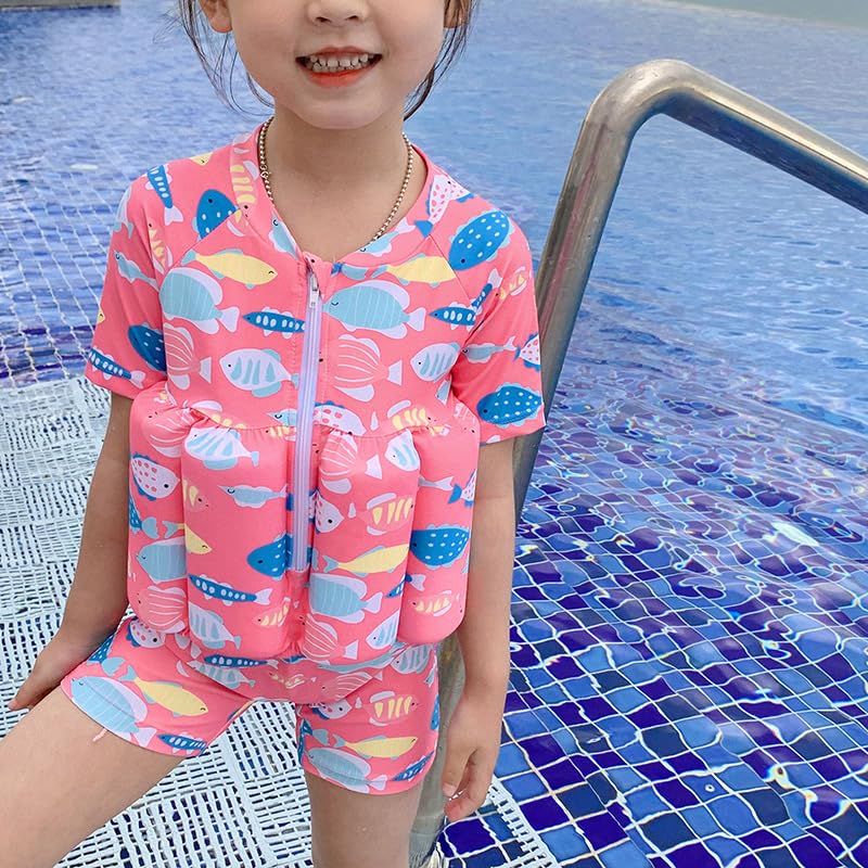 **Baby Boys & Girls Flotation Swimsuits - One Piece Short Sleeve Swim Vest with Zip & Buoyancy Aid + Cap for Safe Pool & Beach Play**