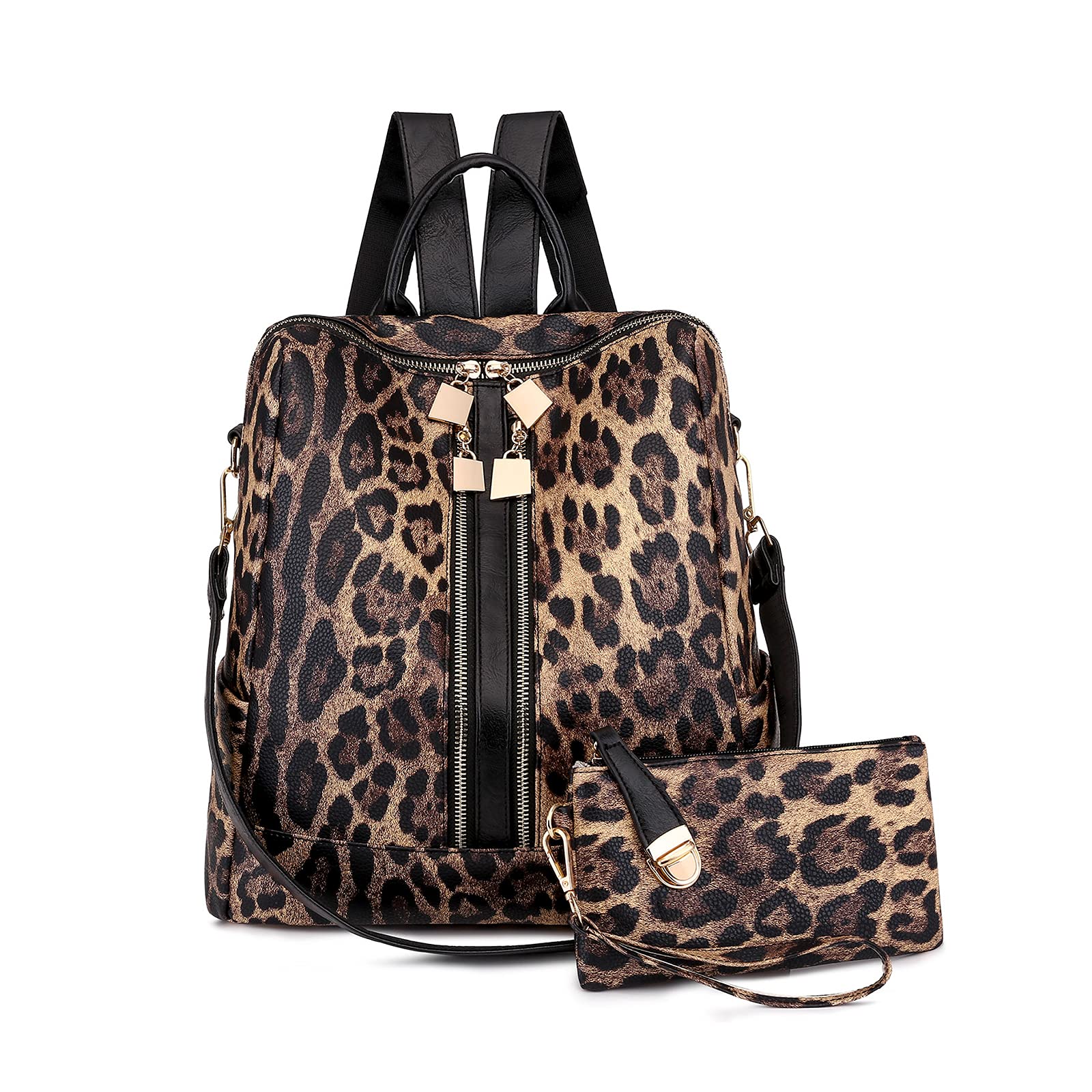 NICOLE & DORIS Women's Fashion Backpack - PU Leather Leopard Print Anti-Theft Rucksack with Wallet - Large Travel Bag for Work, School & Commuting