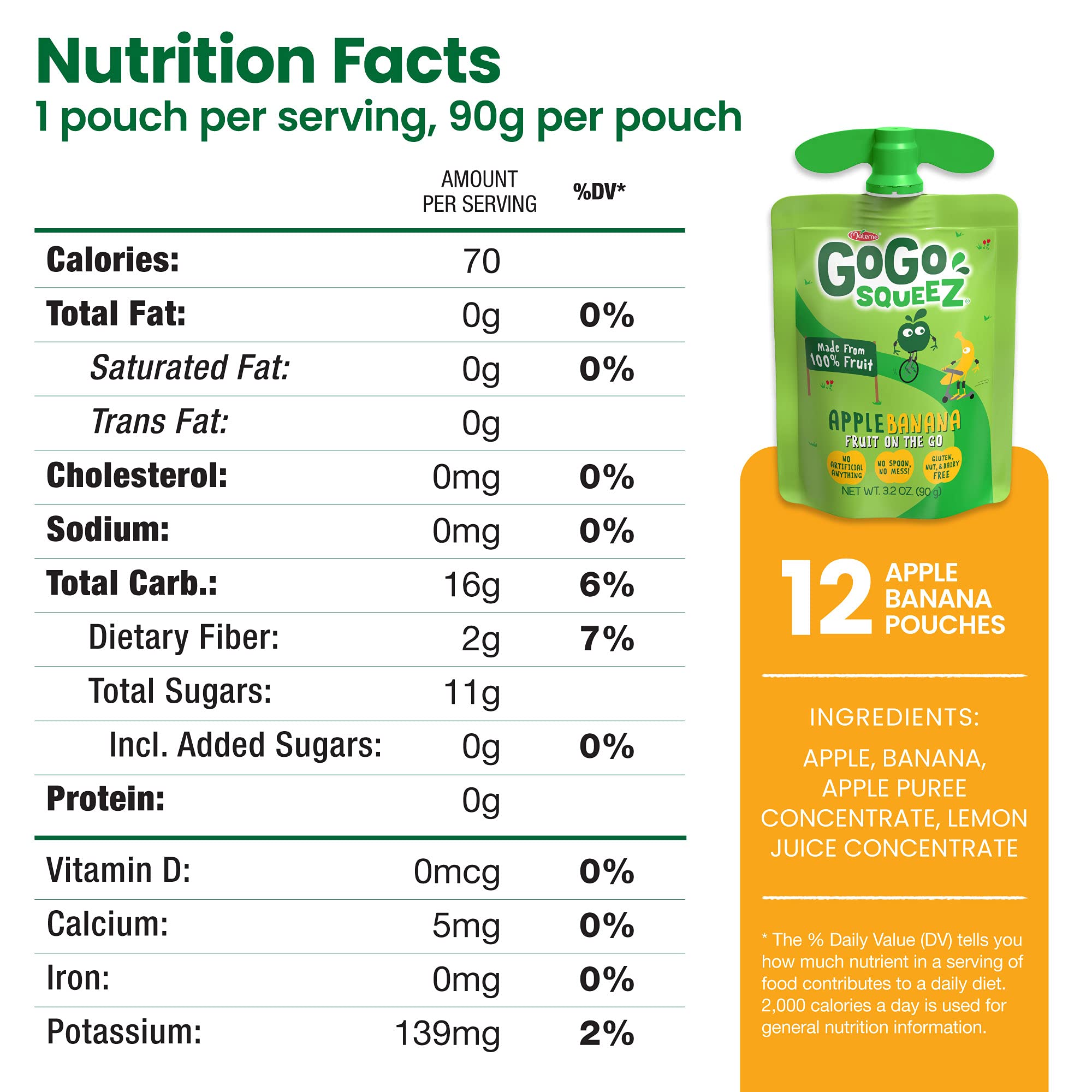 GoGo squeeZ Apple Banana Fruit Pouches, 3.2 oz (Pack of 12) - Unsweetened, Gluten Free, Nut Free & Dairy Free Kids Snacks with Recloseable Cap | BPA Free | Healthy On-The-Go Snack for School, Travel & Lunchboxes