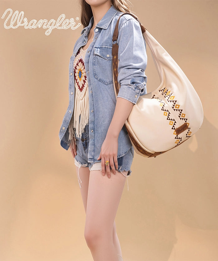 Wrangler Aztec Embroidered Wide Hobo Bag for Women - Stylish Boho Shoulder Purse with Tribal Pattern - Perfect for Casual Outings, Music Festivals & Travel Accessories