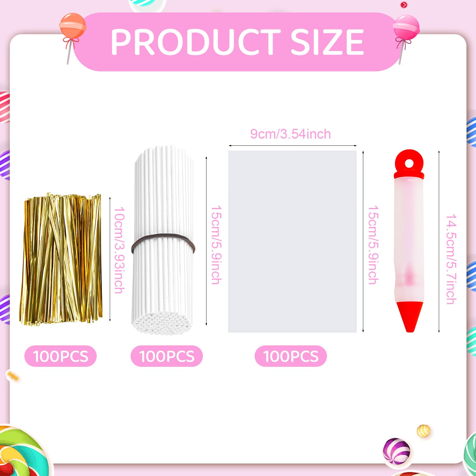 Premium Cake Pop Kit - 100 Cake Pop Sticks & Wrappers, 100 Twist Ties, Scooper & Decorating Pen - Complete DIY Baking Supplies for Lollipops, Candies, Chocolates & Cookies - Perfect for Birthday Parties, Baby Showers & Holiday Treats