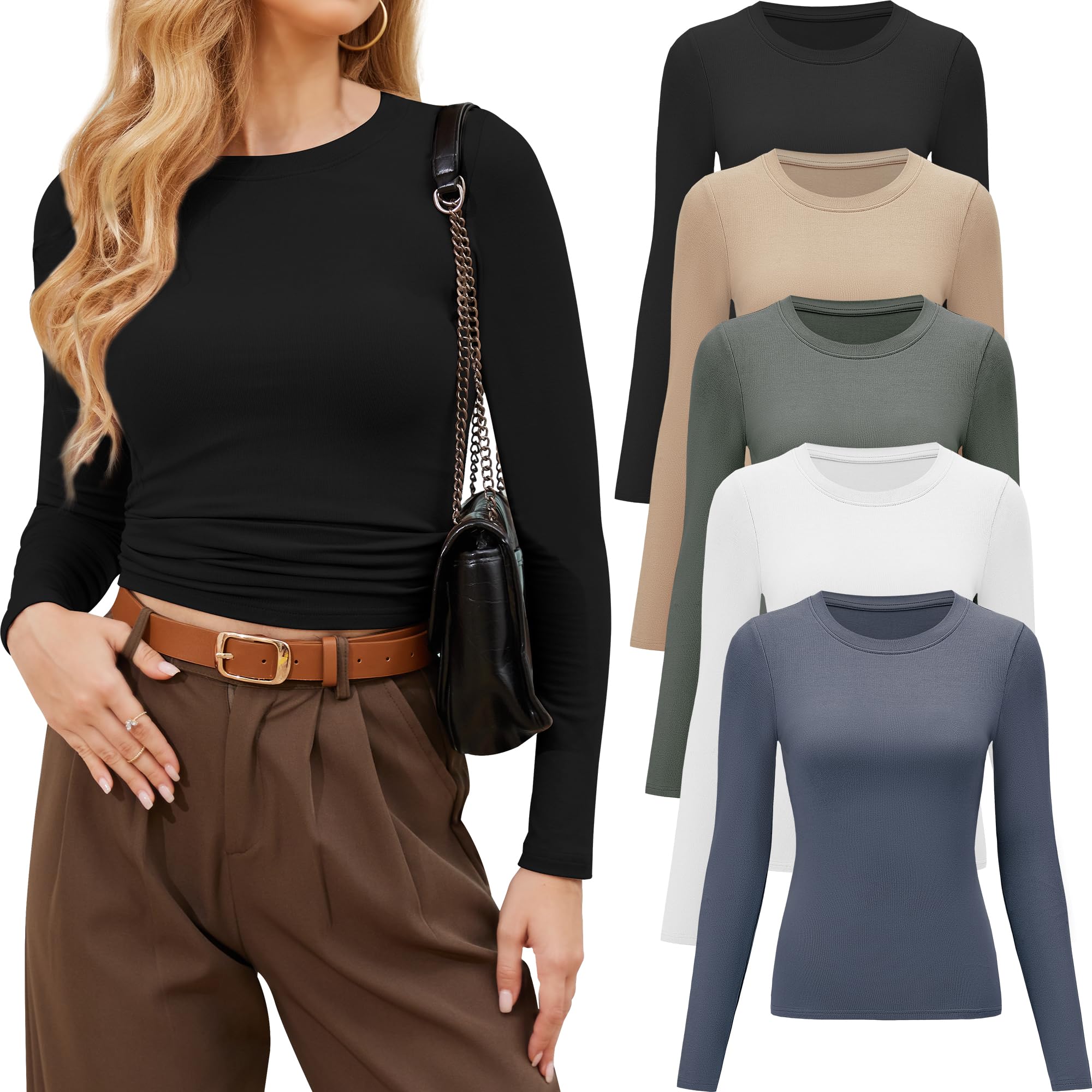 CE' CERDR 3/5 Pack Women's Long Sleeve Crew Neck Basic Tees - Slim Fit Stretchy Casual Tops for Everyday Wear, Workout & Layering