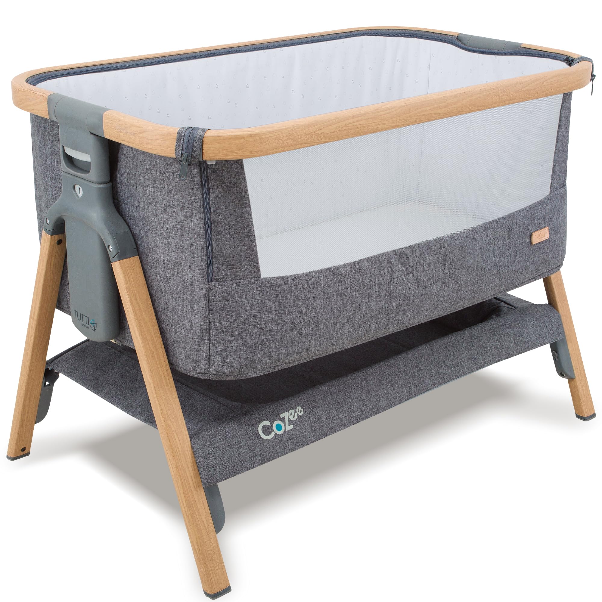 Tutti Bambini CoZee® Next to Me Crib & Standalone Baby Cot - Adjustable 6-Level Folding Co-Sleeper Bedside Crib with Mattress (0-6 Months) - Oak & Charcoal | Perfect for Nursery, Bedroom Co-Sleeping & Travel