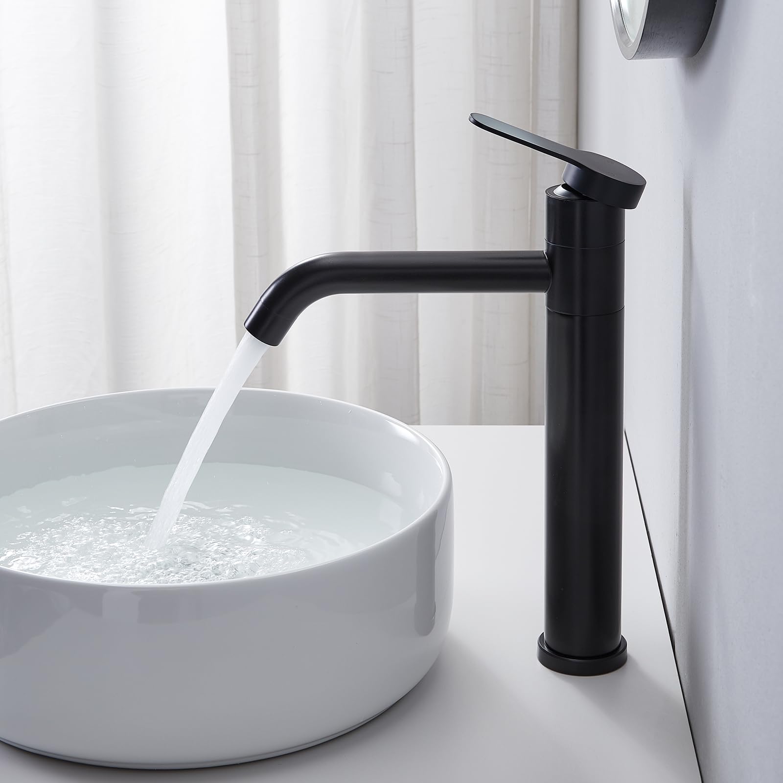 Comllen Tall Matte Black Single Hole Vessel Sink Faucet - 360° Swivel Spout Modern Bathroom Faucet with Water Supply Hose | Perfect for RV Vanity, Lavatory & Contemporary Bathroom Designs