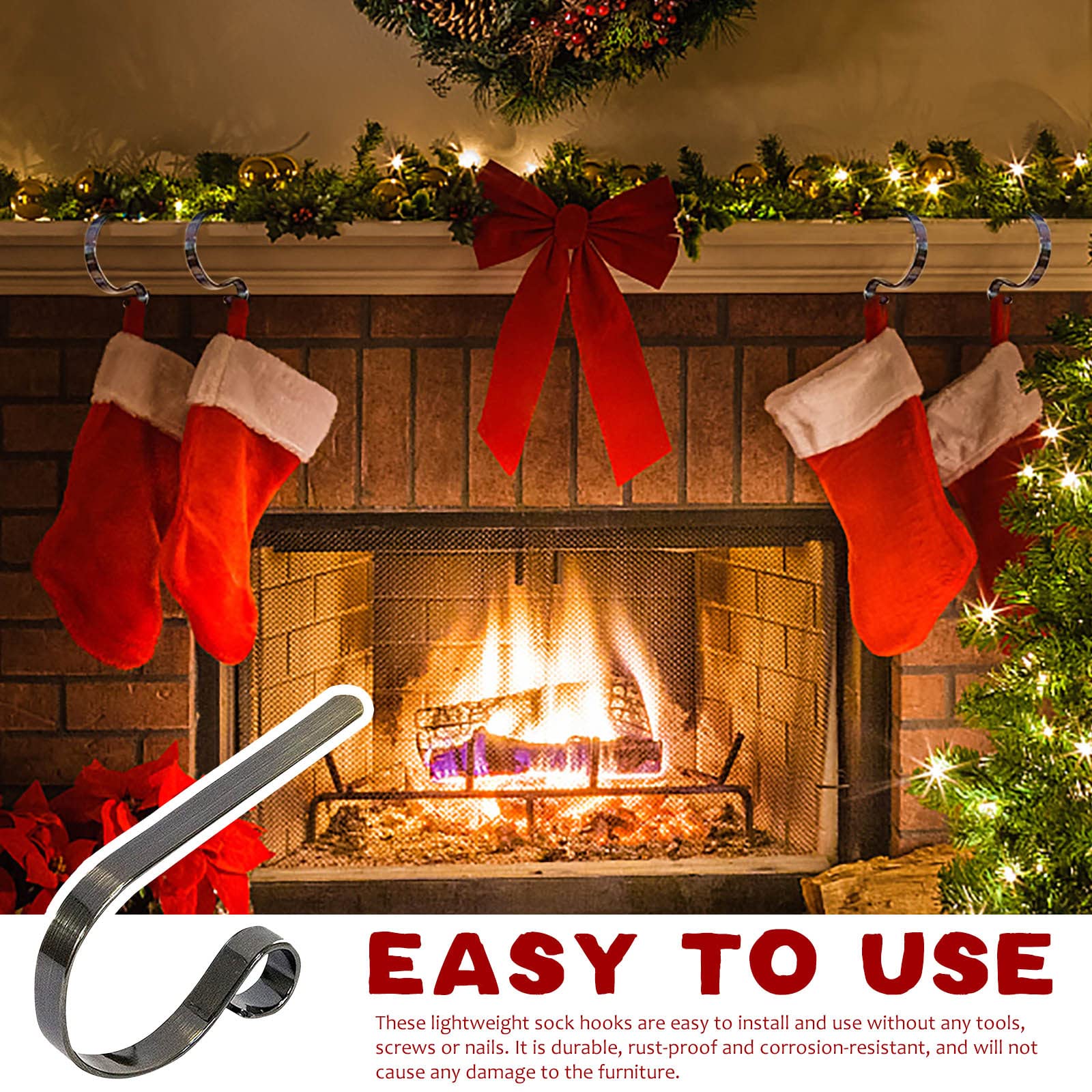 YXWLLN 5-Piece Metal Stocking Hangers with Non-Skid Holder - Black Christmas Fireplace Mantel Decor for Stockings, Socks & Holiday Decorations - Perfect for Fireplace, Wall, Door & Home Organization