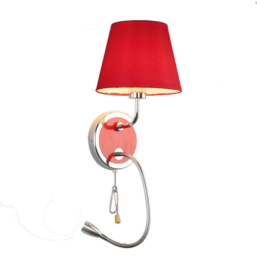 Red LED Wall Lamp with Pull Chain Switch - Dimmable Reading Light for Bedroom, Bedside, Living Room & Study - Perfect for Nighttime Reading and Cozy Ambiance