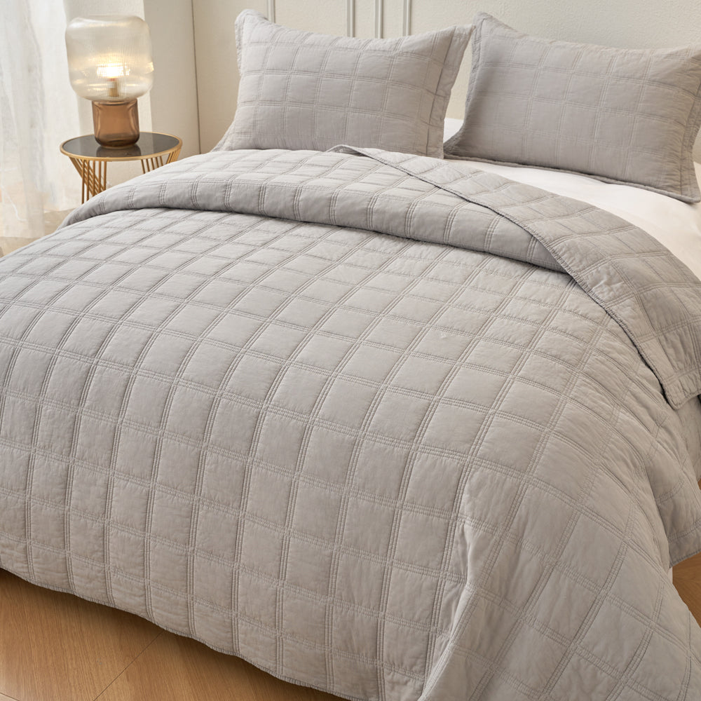 Embroidered Square Smokey Grey Coverlet - Queen Size Bedspread for Luxury Bedroom Decor | Perfect for Master Bedroom, Guest Room & Hotel Styling