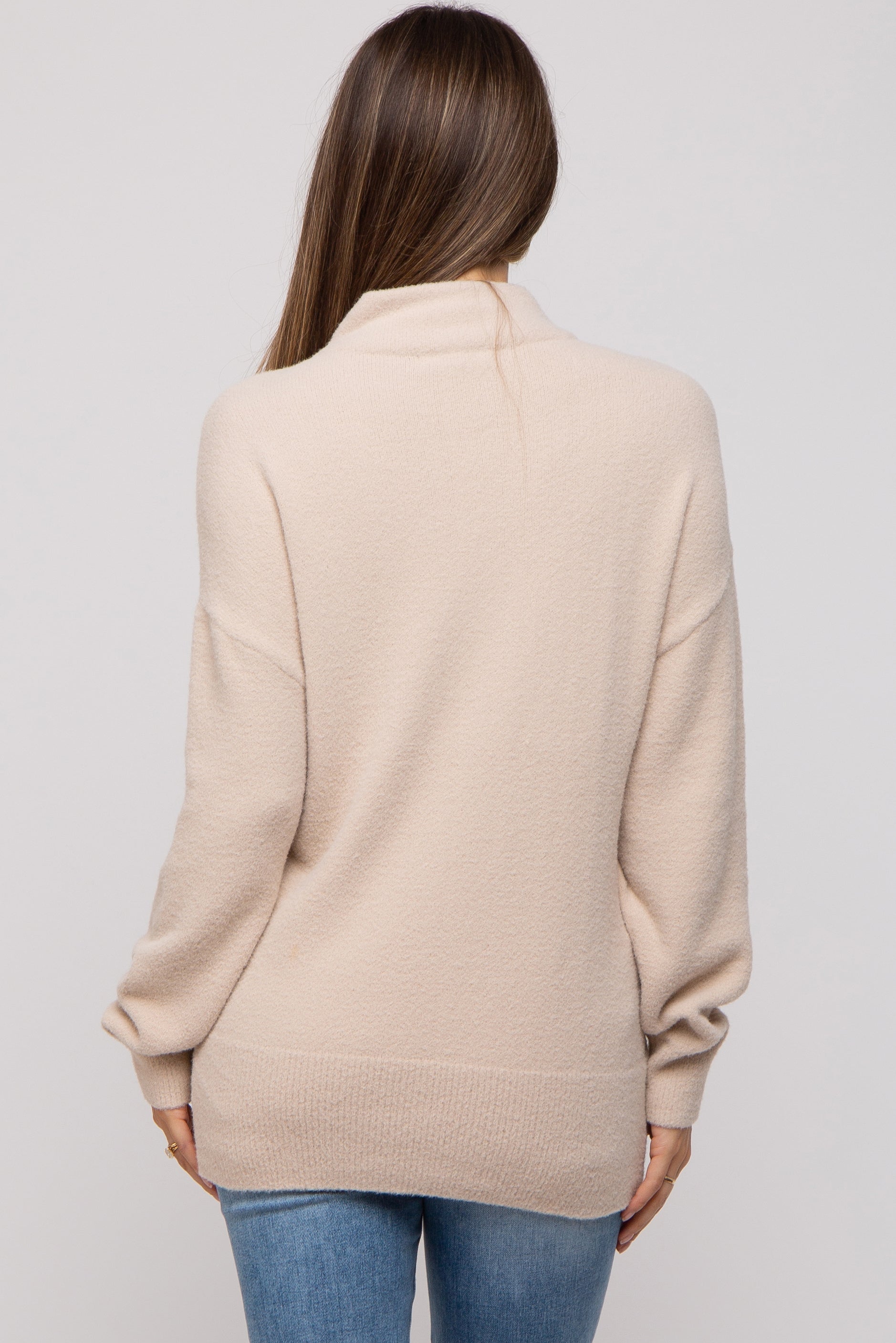 Cozy Beige Fuzzy Knit Mock Neck Maternity Sweater for Pregnancy - Soft Stretchy Long Sleeve Top for Expecting Moms | Perfect for Casual Wear, Baby Showers & Maternity Photos