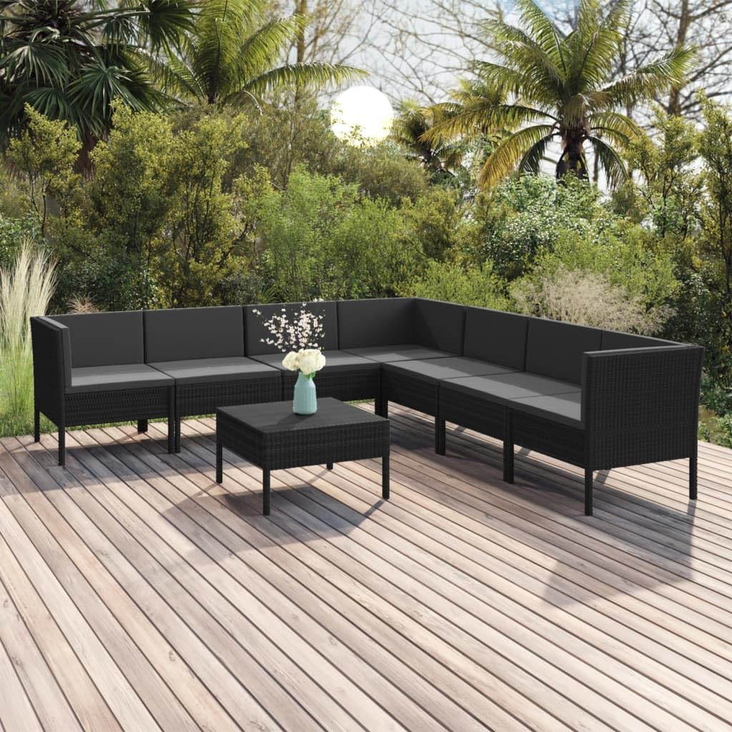 vidaXL 8-Piece Patio Lounge Set with Cushions - Black Poly Rattan Outdoor Garden Sofa Seating Furniture for Terrace, Backyard & Poolside Relaxation