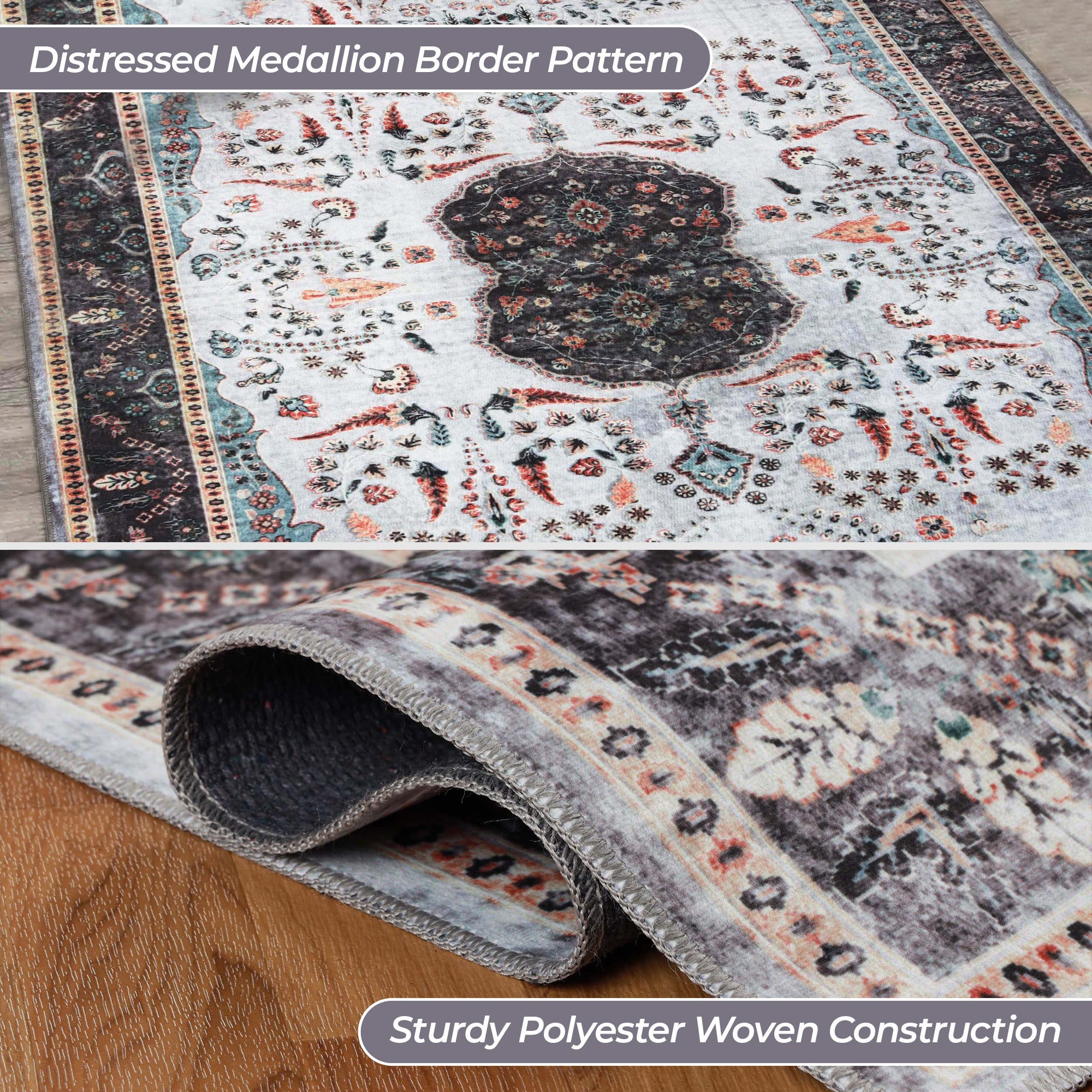 Machine Washable Sparrow Medallion Indoor Area Rug - Non-Slip Soft Living Room Carpet Runner for Bedroom, Hallway & Entryway Decor