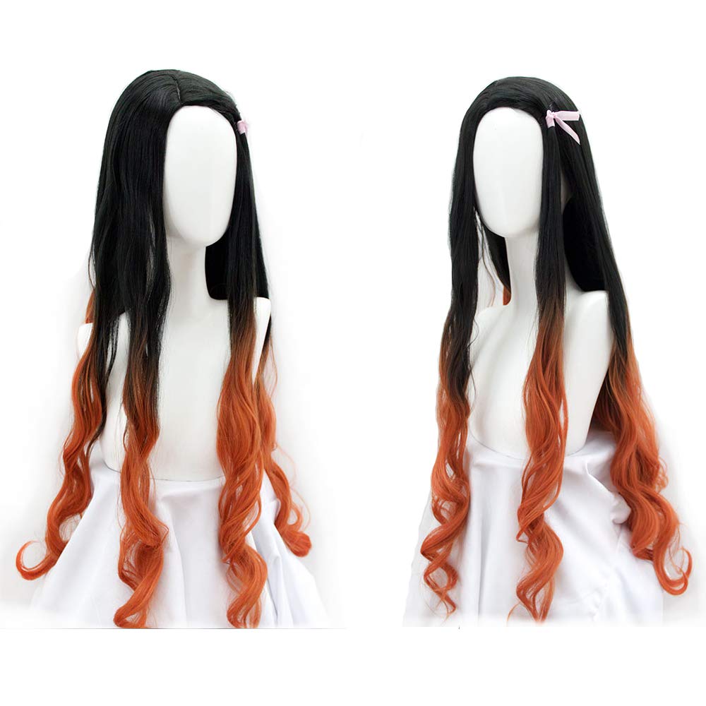 Long Black Ombre Orange Curly Synthetic Cosplay Wig for Women - Kamado Nezuko Anime Style Wig | Perfect for Halloween, Cosplay Events & Anime Conventions