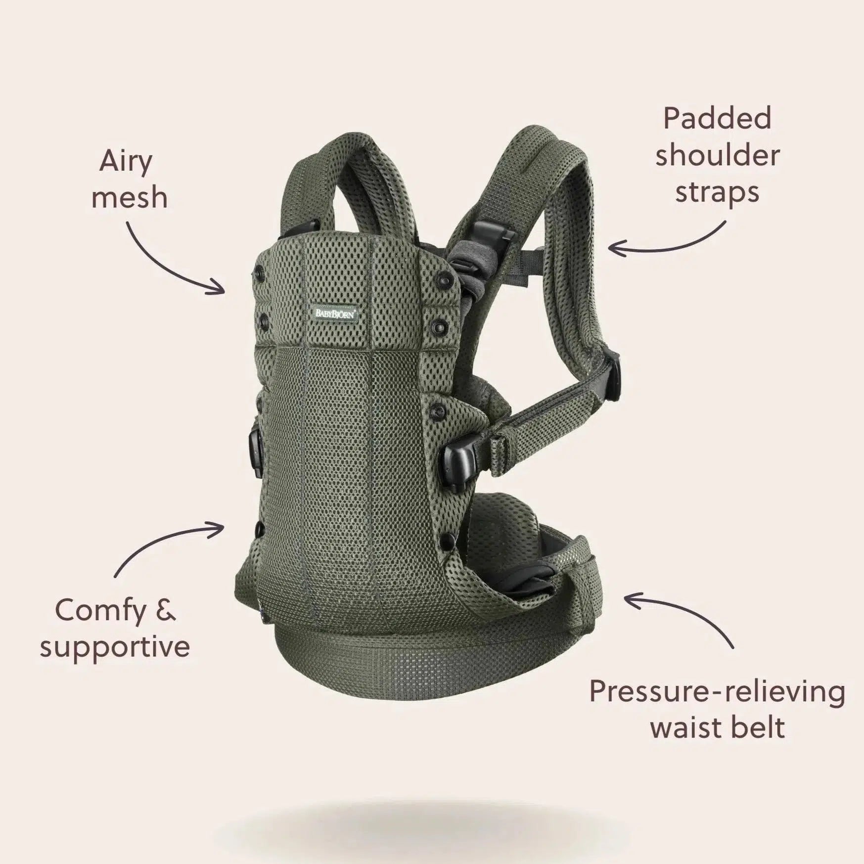 Baby Bjorn Baby Carrier Harmony - Dark Green 3D Mesh, Ergonomic Infant Carrier for Newborn to Toddler (0-24 Months), Hands-Free Baby Wearing for Parents, Perfect for Hiking, Shopping & Daily Use