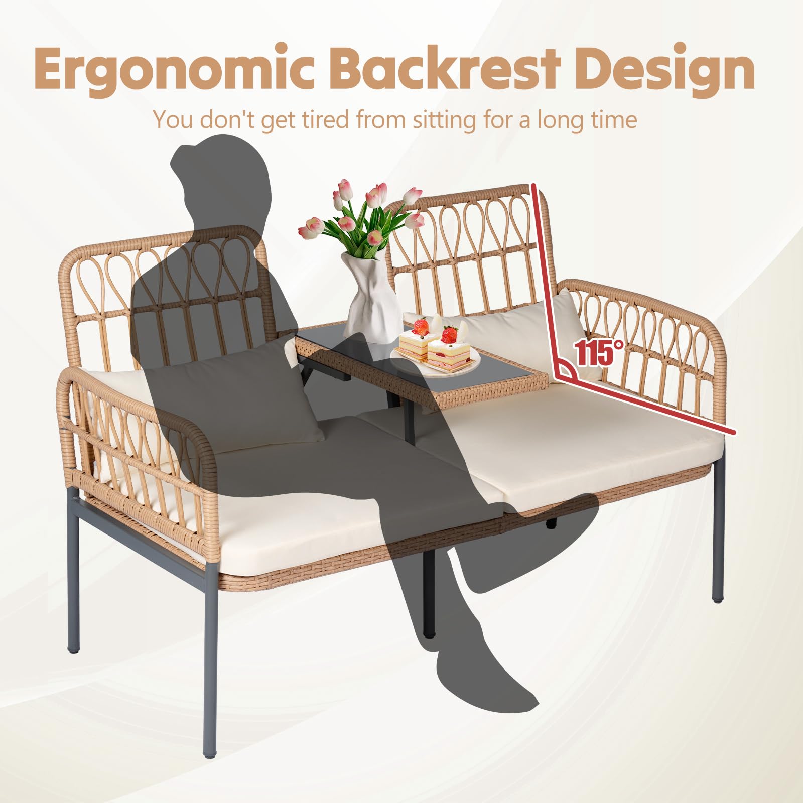 Outdoor Loveseat 2-Piece Patio Furniture Set - Wicker Conversation Set with Cushions, Lumbar Pillows & Built-in Table - Perfect for Porch, Garden, Backyard and Poolside Relaxation