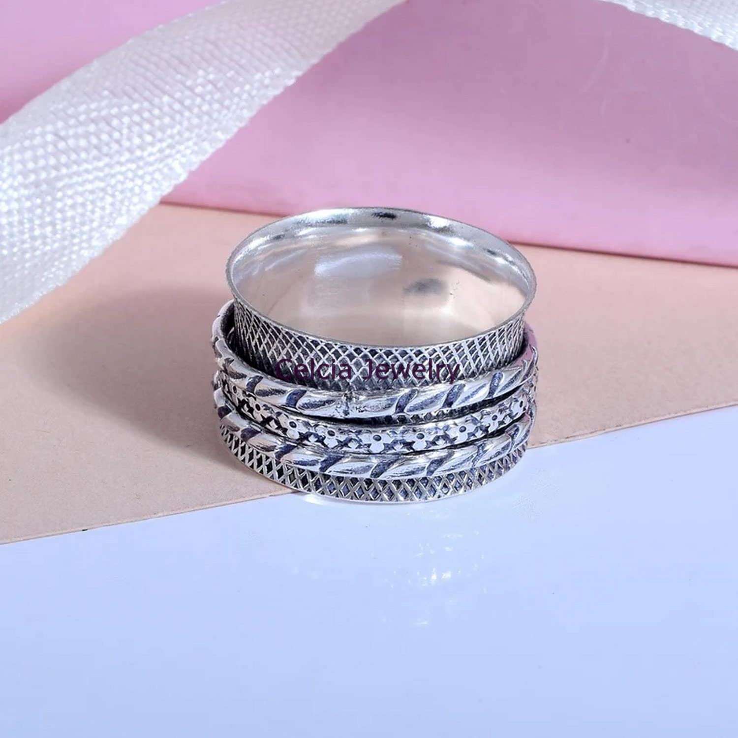 925 Sterling Silver Spinner Ring for Anxiety Relief & Meditation - Stress Relief Fidget Jewelry for Women - Dainty Stackable Ethnic Ring (Size 7) - Perfect for Daily Wear, Yoga & Mindfulness Practice