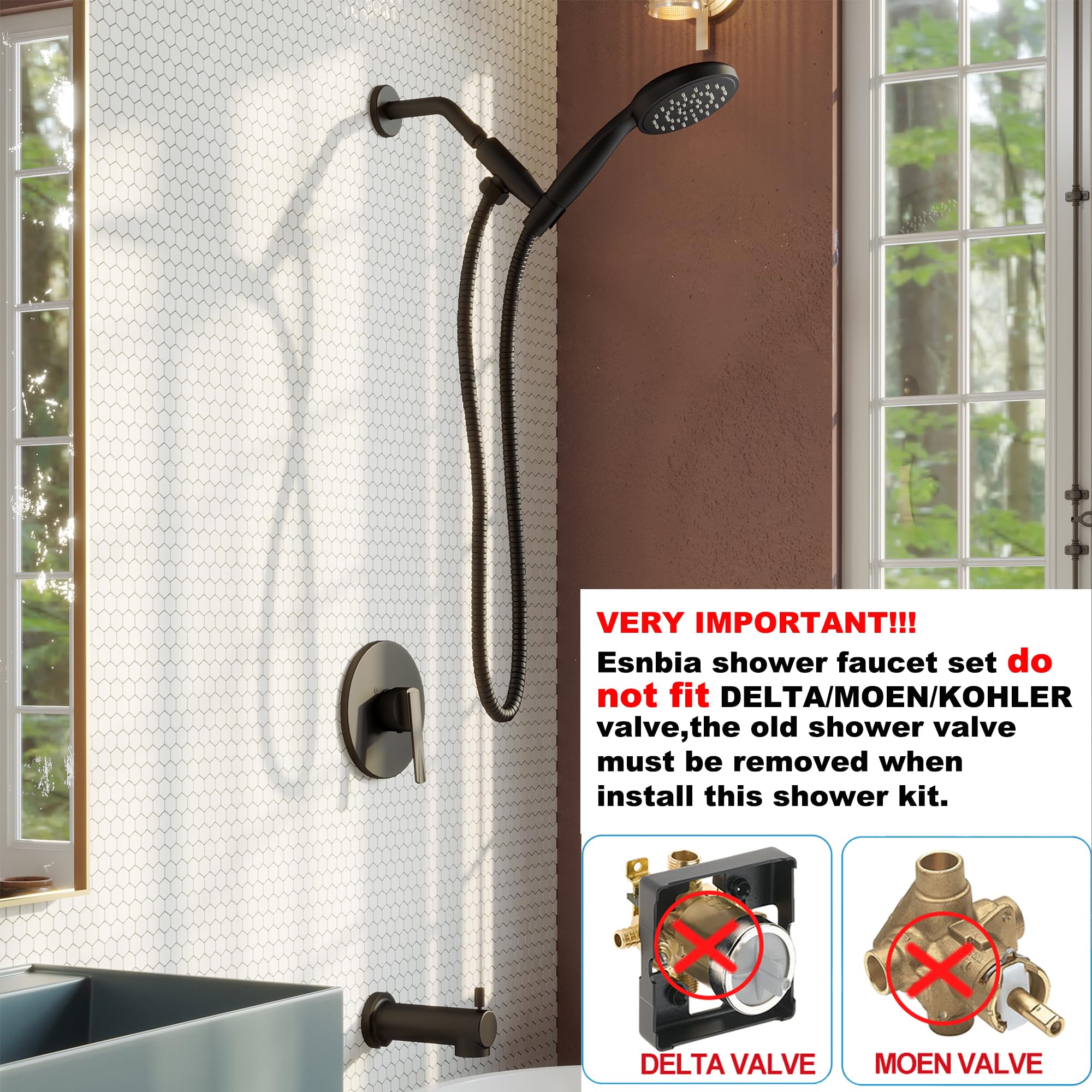 ESNBIA Matte Black Bathtub Shower Faucet Set - Single Handle Tub & Shower Trim Kit with High Pressure Handheld Shower Head, Tub Spout & Valve Included | Perfect for Bathroom Renovation, Modern Home Upgrade & Spa-Like Shower Experience