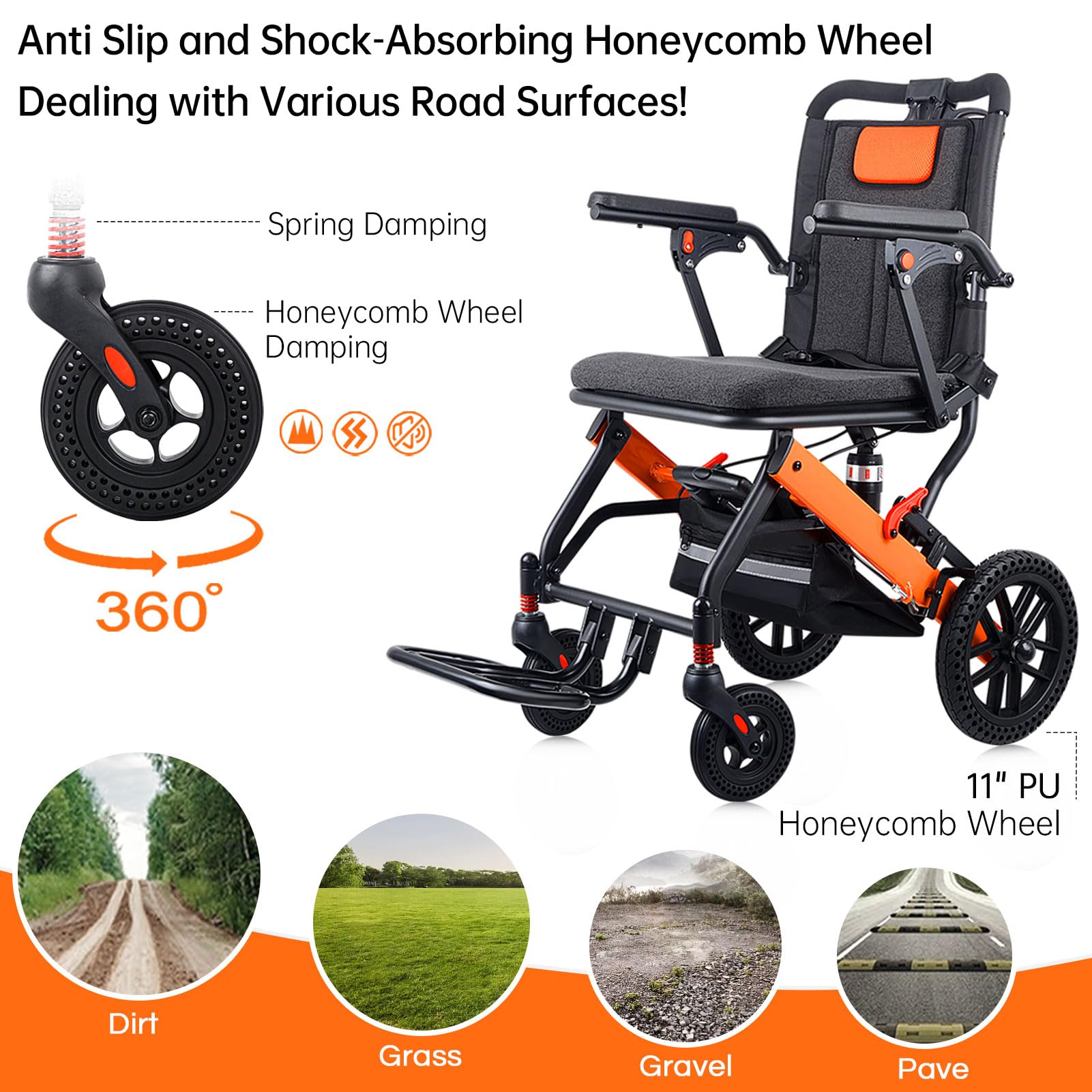 WISGING Ultra-Lightweight Folding Transport Wheelchair with Hand Brake & Travel Bag - Portable Mobility Aid for Seniors & Adults - Ideal for Air Travel, Hospitals & Daily Use (Includes Telescopic Handle)
