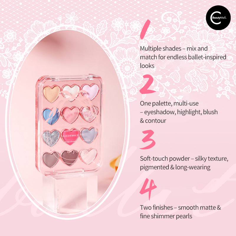 Biya Dream Ballet 12-Color Heart Shaped Eyeshadow Palette - Long Lasting Pigmented Makeup for Day & Night Looks, Party & Date Night Essentials