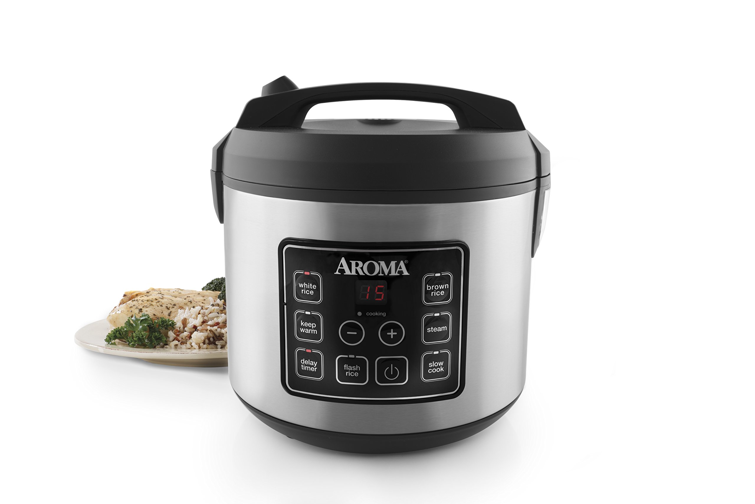 Aroma Housewares 20-Cup (10-Cup Uncooked) Digital Rice Cooker & Slow Cooker with Stainless Steel Exterior - Perfect for Meal Prep, Family Dinners & Healthy Cooking (ARC-150SB, Black)