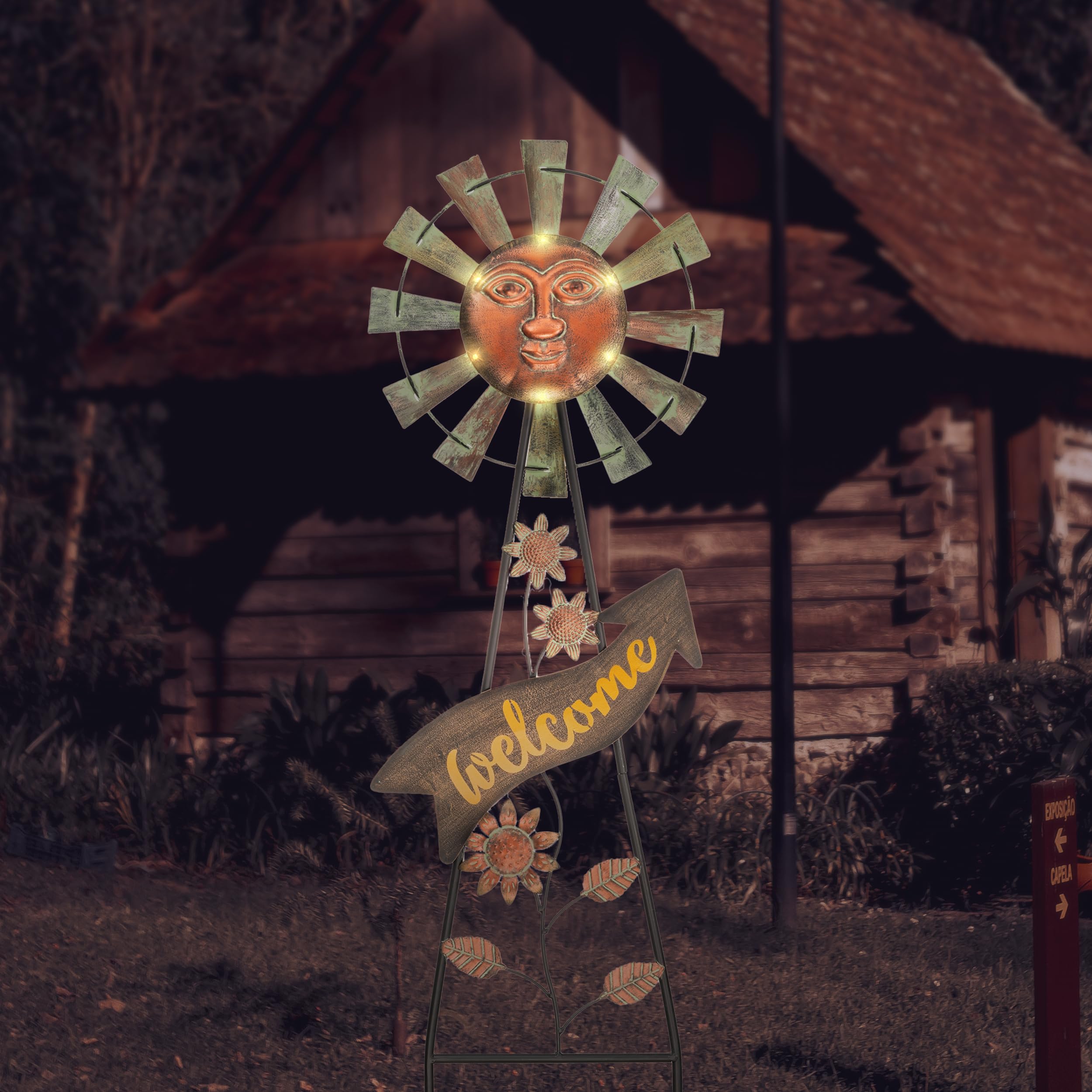 Solar-Powered Garden Decor - 26'' Bronze Metal Sun Face Wind Spinner with Outdoor Lights | Weather-Resistant Yard Art Stake for Lawn, Patio & Backyard | Unique Mother's Day Gift for Home & Garden Decoration