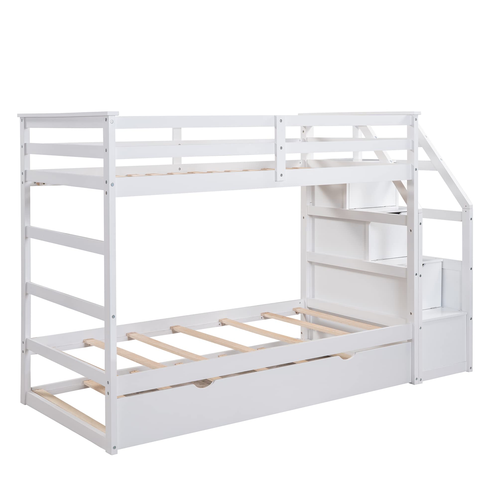 Harper & Bright Designs Twin Over Twin Bunk Bed with Trundle - Solid Wood Bunk Bed with Storage Stairs for Kids, Teens & Adults - Space-Saving Bedroom Solution for Small Rooms, Guest Rooms & Vacation Homes (White)