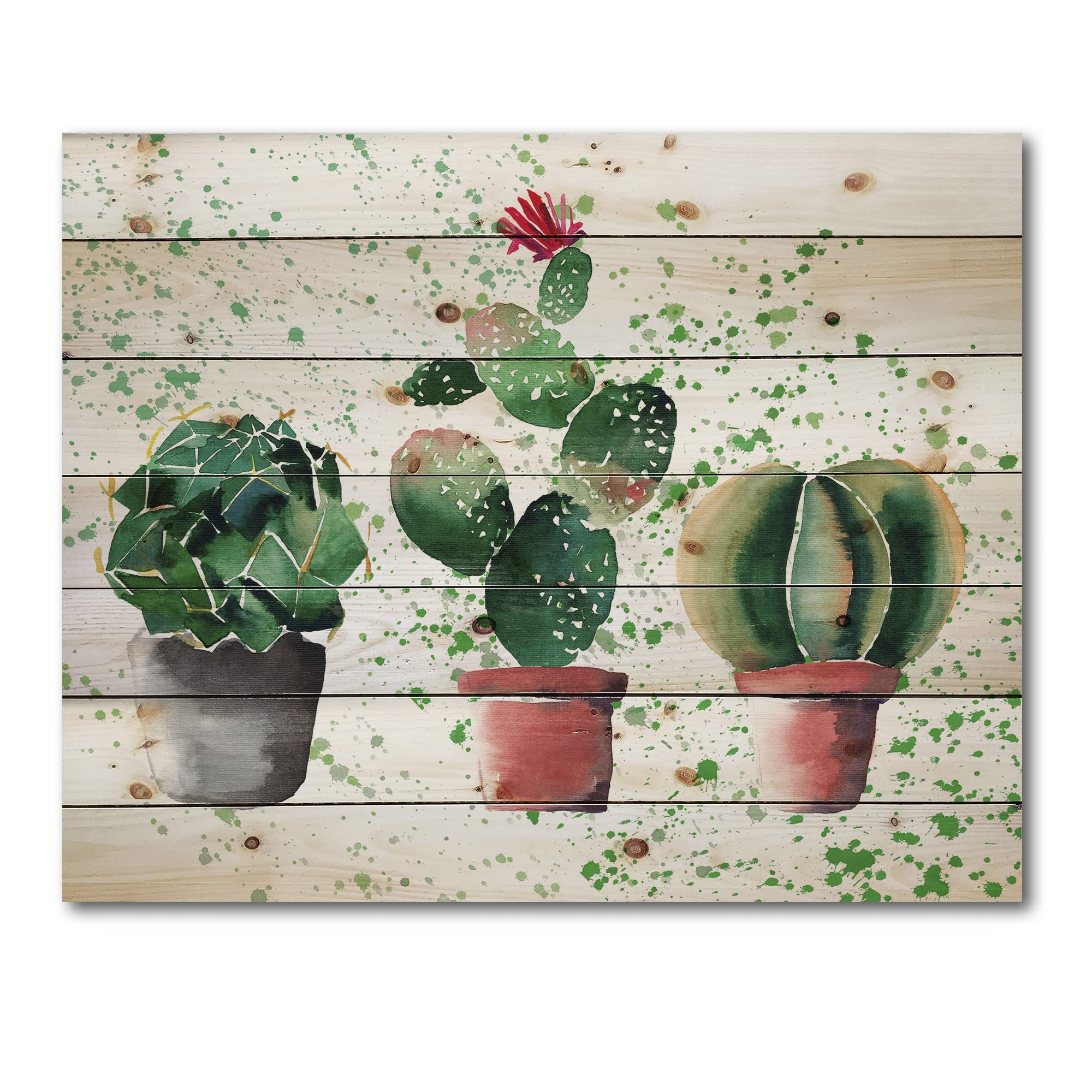 DesignQ Three Cacti In Clay Pots - Botanical Print on Natural Pine Wood Wall Art | Home & Office Decor | Perfect for Living Room, Bedroom or Workspace