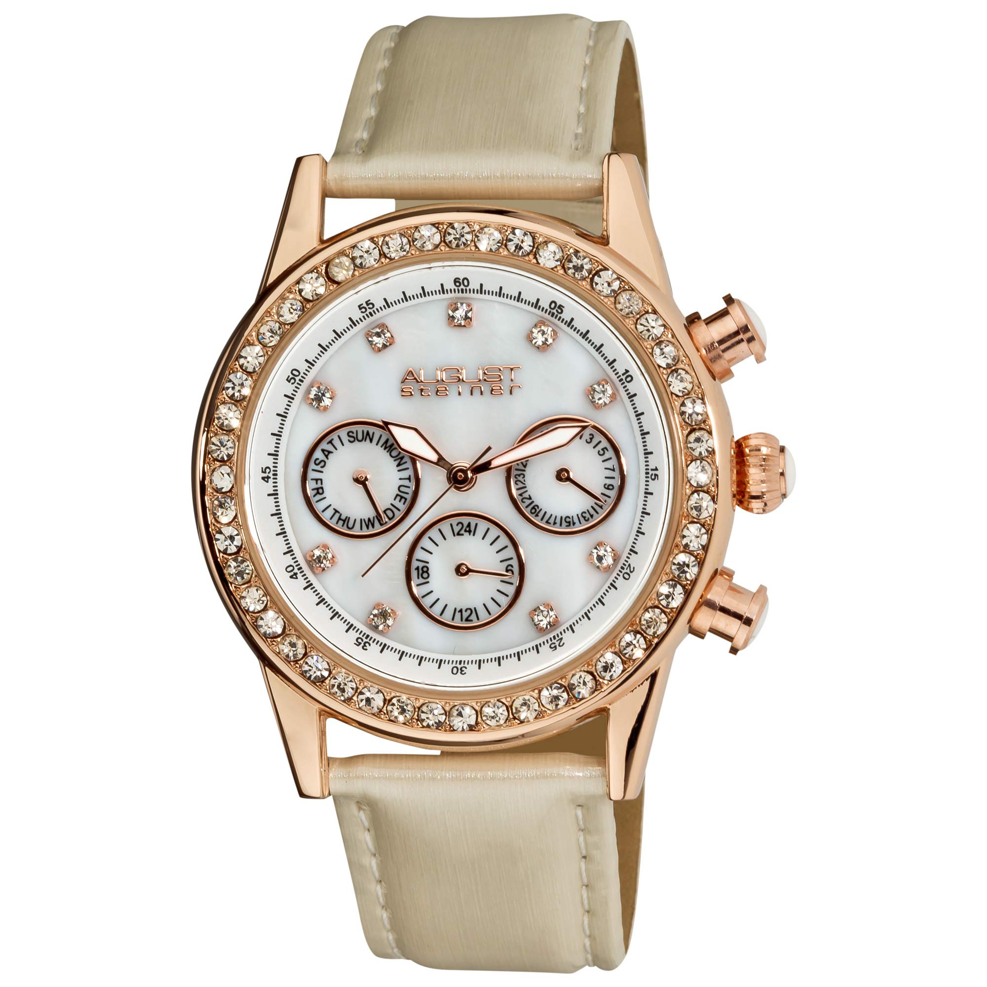 August Steiner Women's Crystal Watch AS8018 - Luxury Multifunction Timepiece with Sparkling Bezel & Genuine Leather Strap - Perfect for Office, Party & Special Occasions