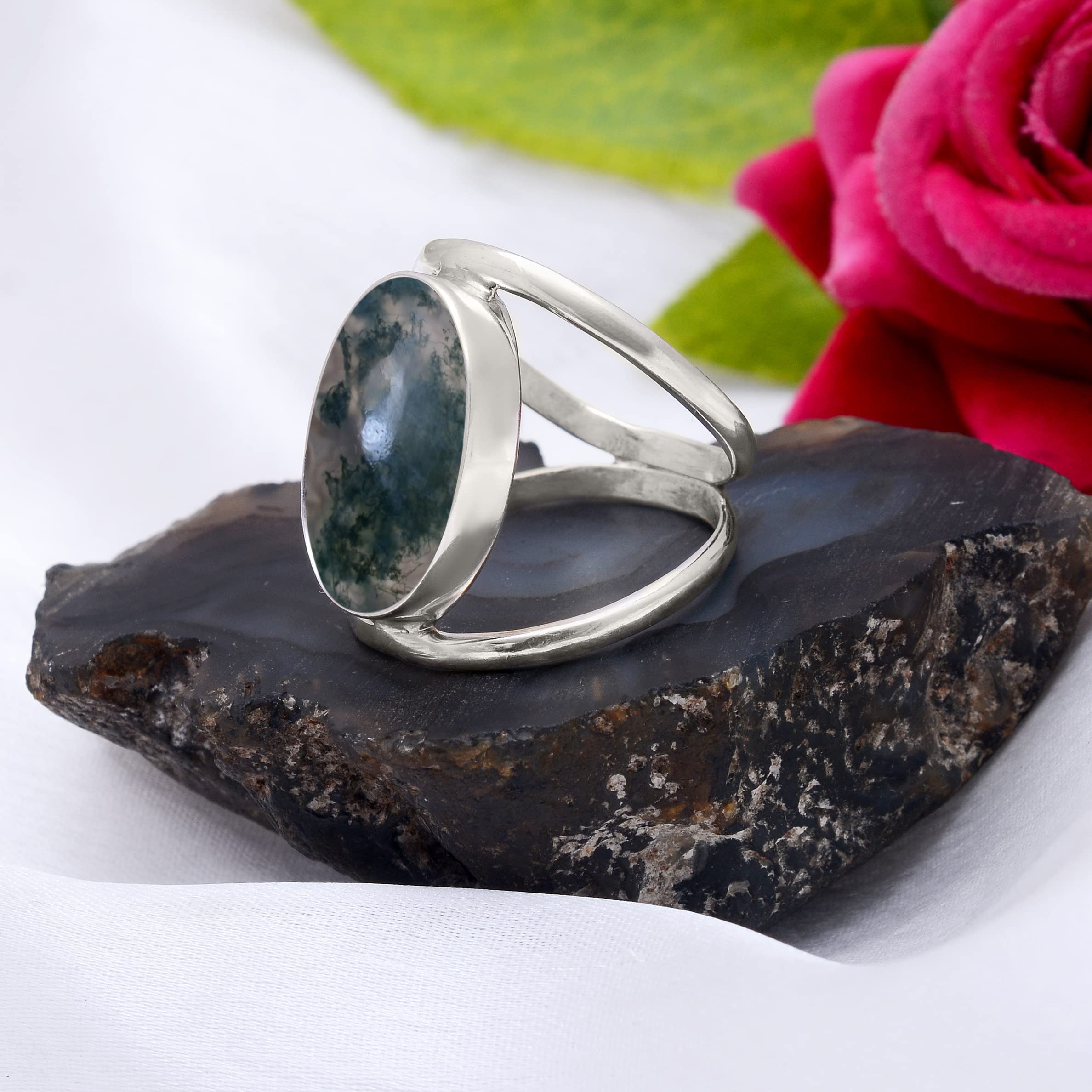 Veracity Jewelry Moss Agate Rings for Women - 925 Sterling Silver Healing Meditation Rings with Natural Green Gray Moss Agate Gemstone - Elegant Spiritual Jewelry for Yoga, Meditation & Everyday Wear - VSR-414