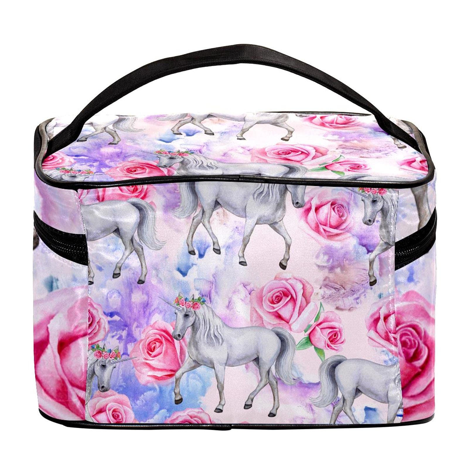 Unicorn Fairies Magic Rose Floral Travel Makeup Bag - Large Cosmetic Organizer with Zipper for Women & Girls - Perfect for Travel, Gym, and Daily Beauty Storage