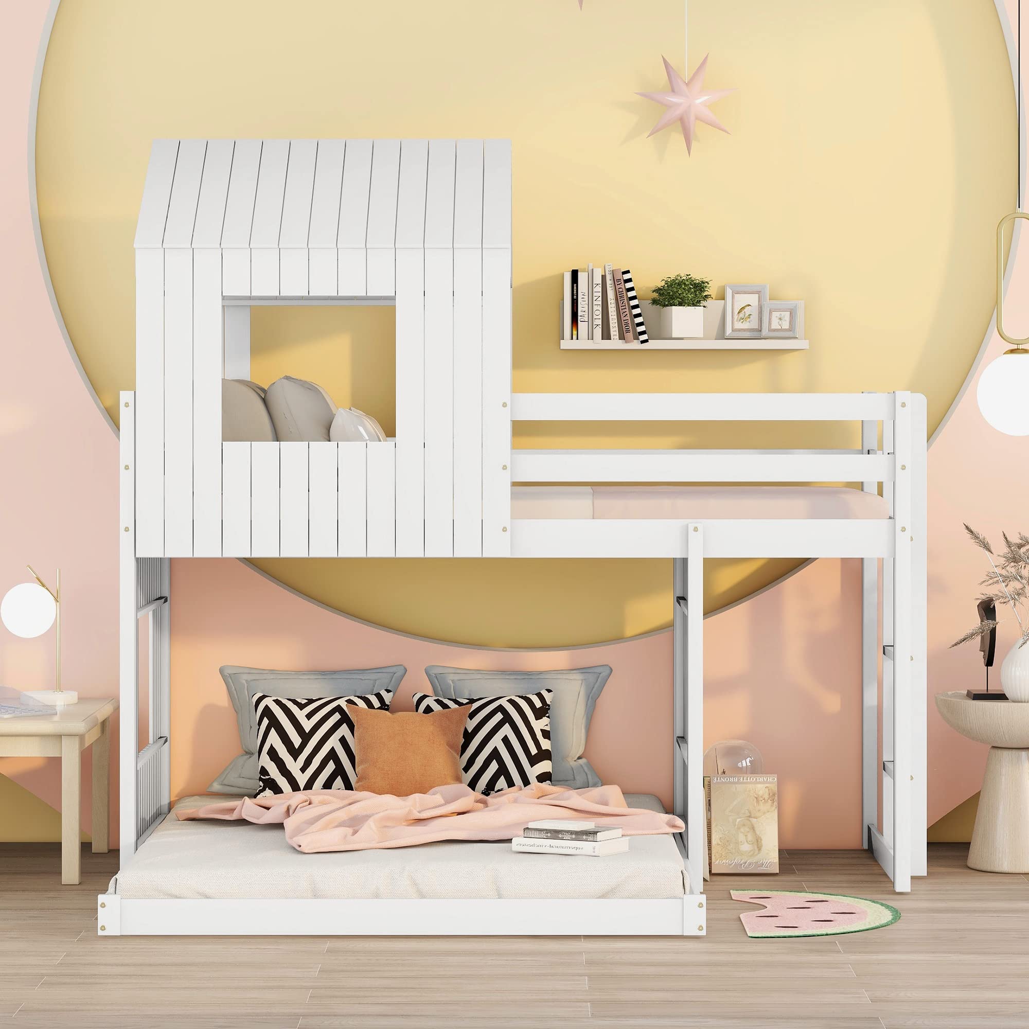 **MERITLINE Kids Bunk Beds Twin Over Full Size - Wooden Playhouse Bunk Bed with Roof, Windows & Ladder - Toddler Floor Bunk Beds for Boys & Girls - White - Perfect for Bedrooms, Playrooms & Sleepovers**