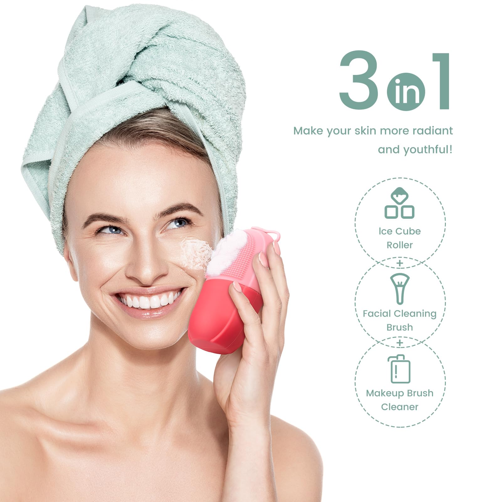 QiqaMole Reusable Silicone Ice Face Roller & Eye Mold - Skin Toner, Puffiness Reducer, Acne Treatment for Glowing Skin (Pink) | Perfect for Morning Routine, Spa Day & Post-Workout Skin Care