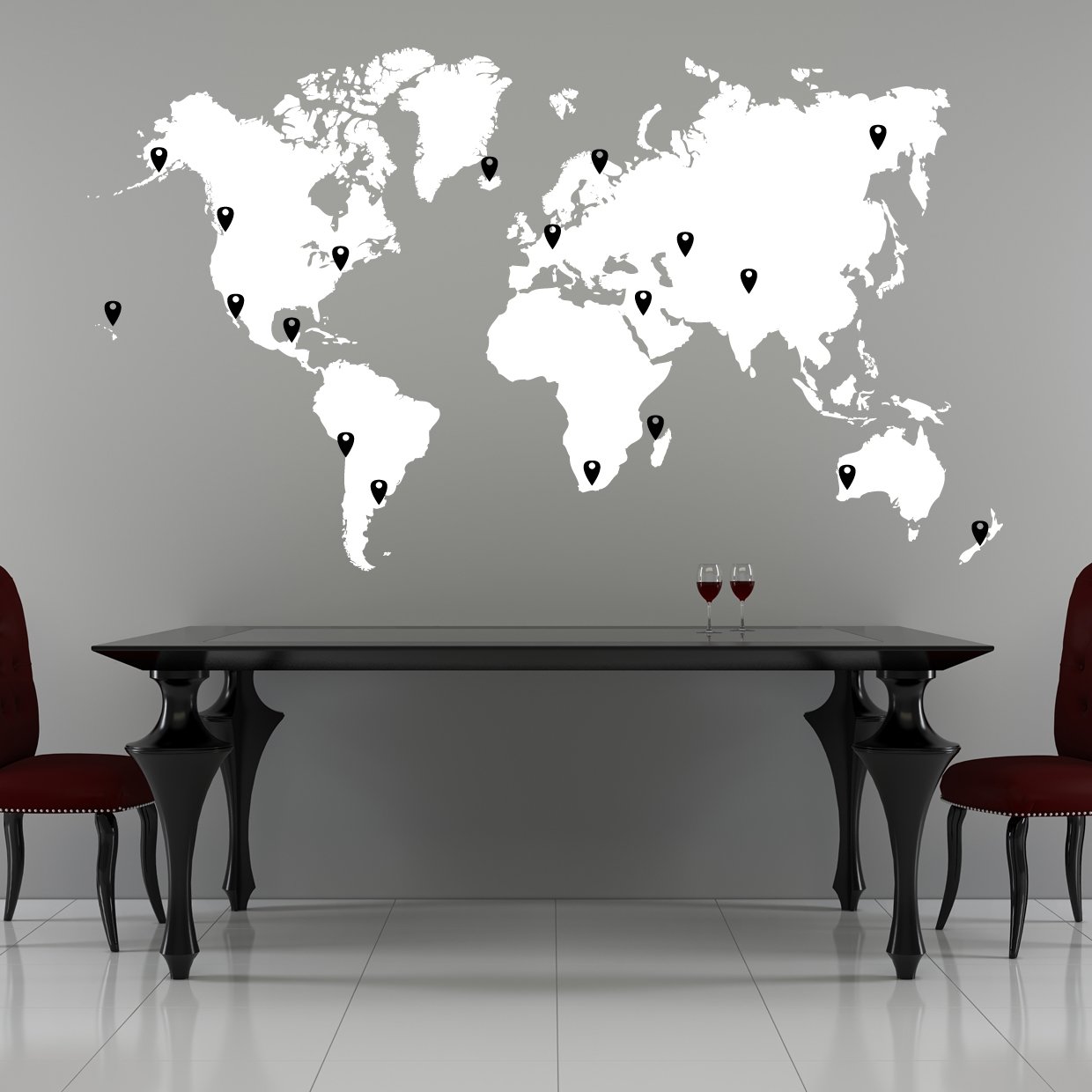 Stickerbrand World Map Wall Decal with 224 Pins - White Map with Red, Black, White & Grey Pins, 60