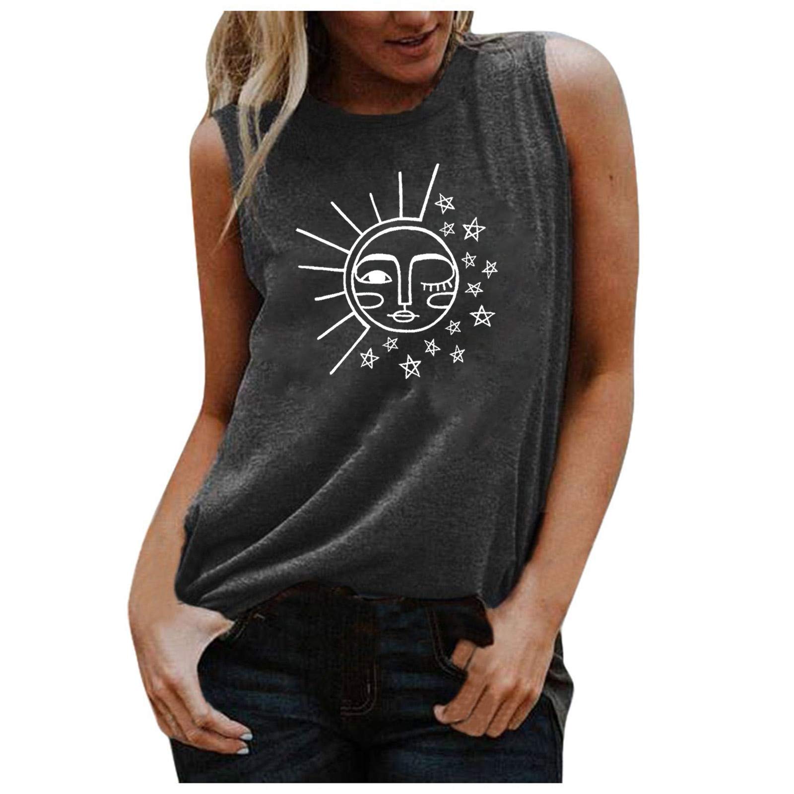 Funny Graphic Tank Tops for Women - Sleeveless Summer Crop Tees with Sun Moon Stars Print | Cute Streetwear for Beach, Music Festivals & Casual Outings