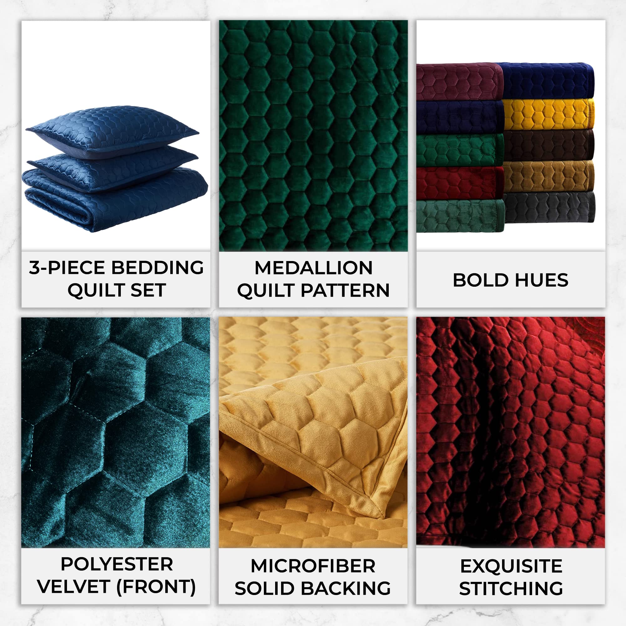 Tribeca Living Velvet Queen Quilt Set - 3 Piece Honeycomb Stitch Bedding with Super Soft 260GSM Velvet, Oversized Quilt & 2 Sham Pillowcases in Emerald Green - Luxury Bedroom Decor for Master Suite, Guest Room & Cozy Winter Nights