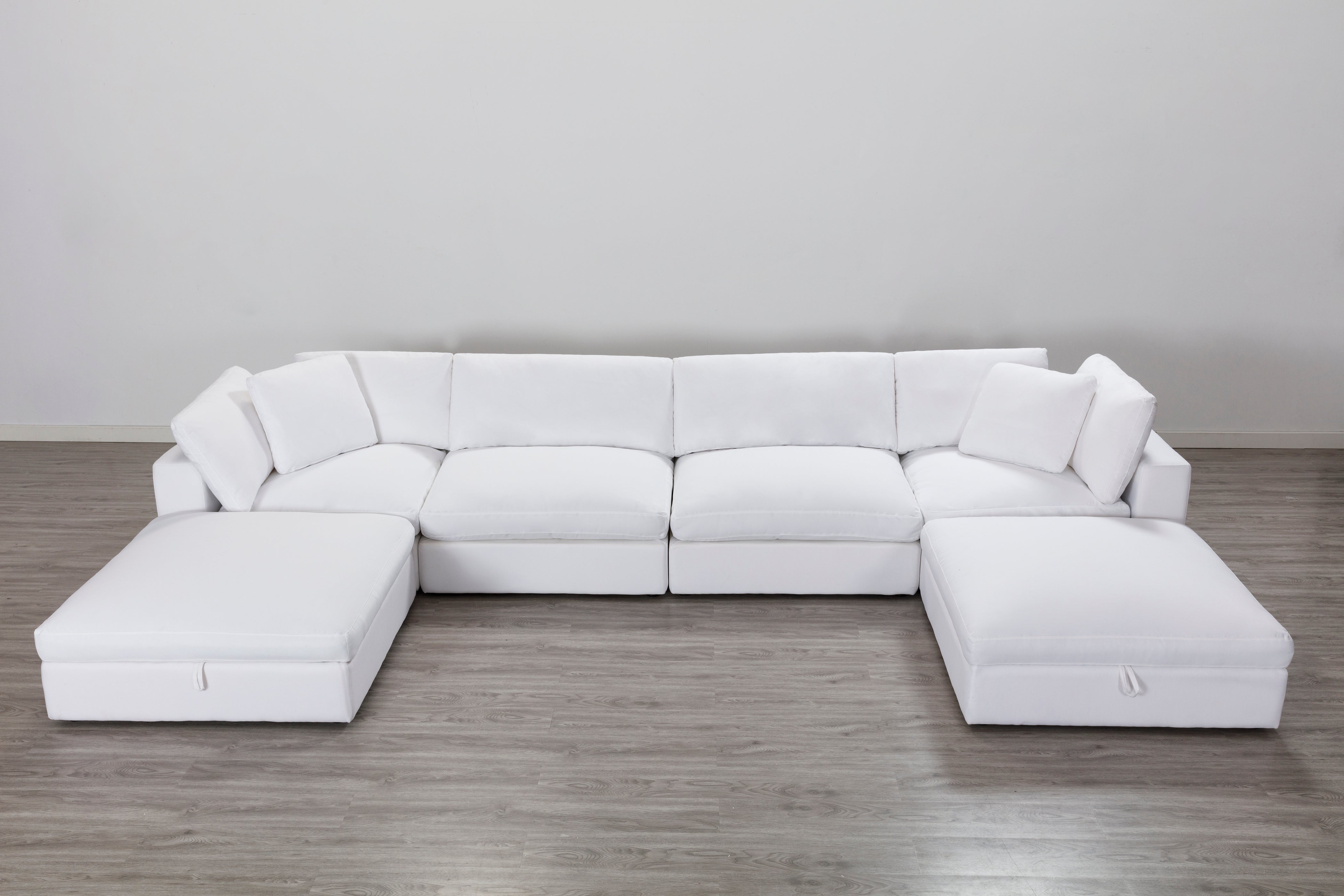 Rivas Contemporary Feather Fill 5-Piece Modular Sectional Sofa with 2 Ottomans in White | Modern Living Room Furniture for Small Spaces & Family Gatherings