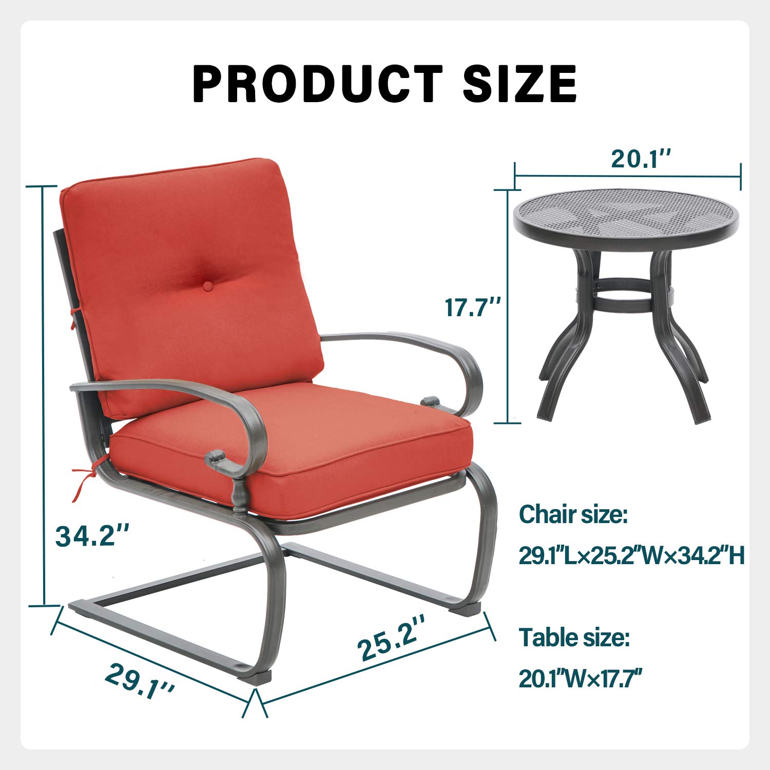 3-Piece Outdoor Bistro Set with Spring Metal Action Lounge Chairs & Round Table - Wrought Iron Cafe Furniture in Red - Perfect for Patio, Garden, and Backyard Relaxation