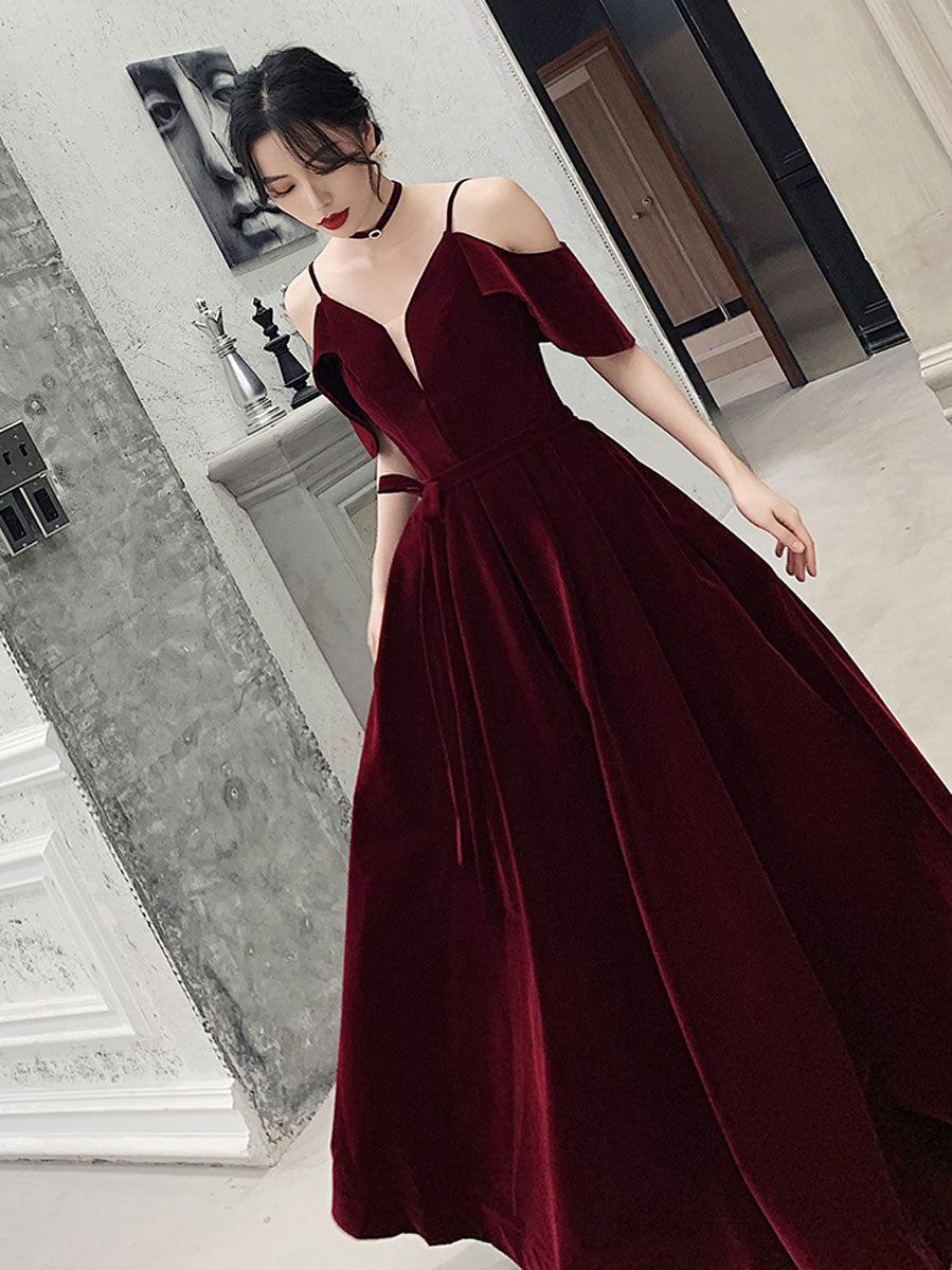 Elegant Burgundy Off Shoulder Velvet Long Prom Dress - Formal Evening Gown for Women | Perfect for Homecoming, Wedding Guest, and Special Occasions