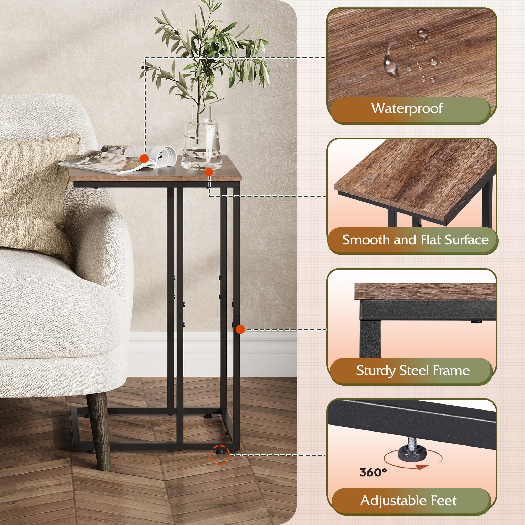 WLIVE C-Shaped End Table - Small Side Table for Sofa & Bed, Space-Saving Couch Table That Slides Under Furniture - Perfect for Living Room, Bedroom, Home Office & Small Spaces | Ideal for Reading Nook, TV Snacks & Nightstand Use