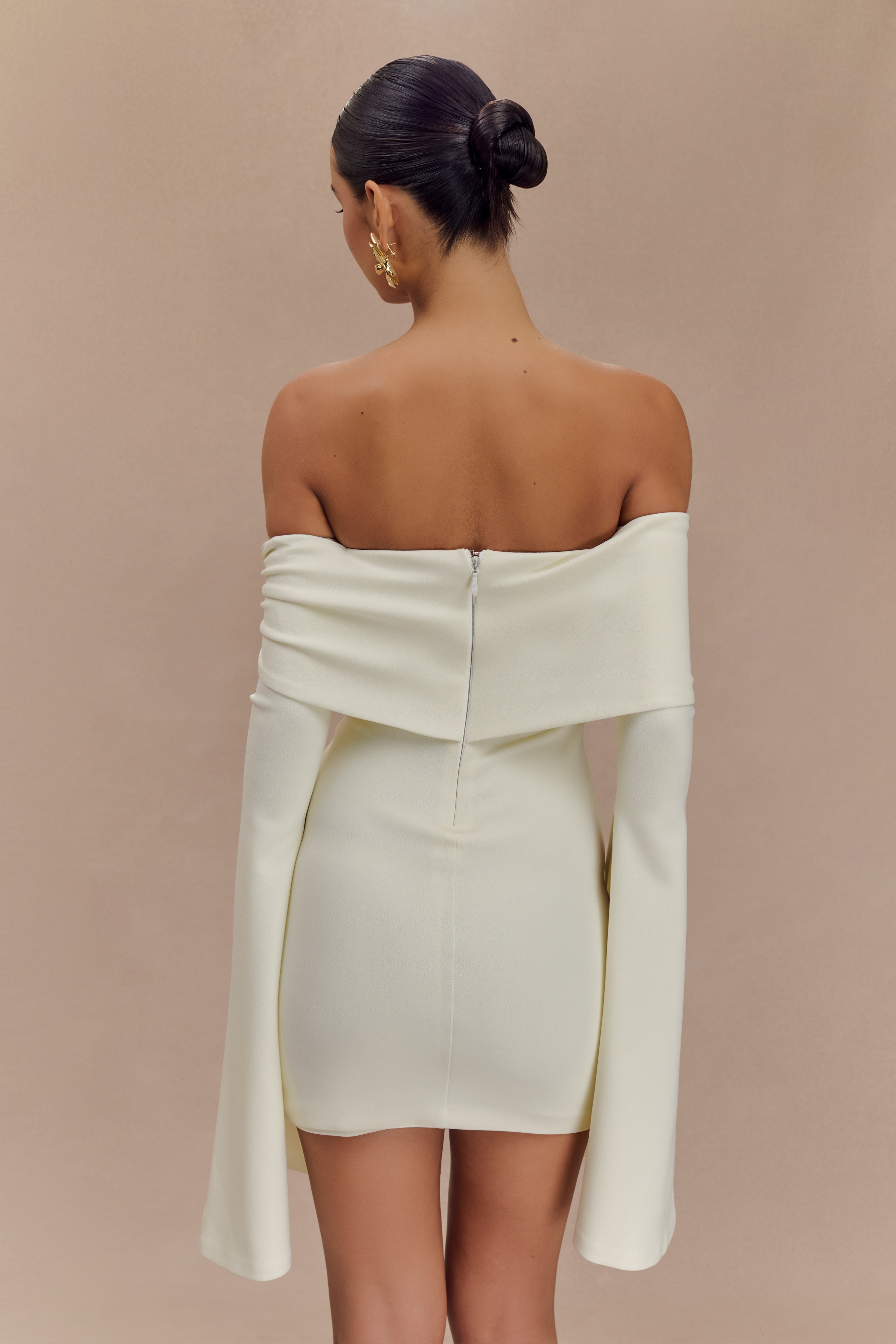 Dominique Off Shoulder Long Sleeve Mini Dress - Ivory | Elegant Party & Date Night Outfit for Women | Perfect for Weddings, Cocktails & Special Occasions