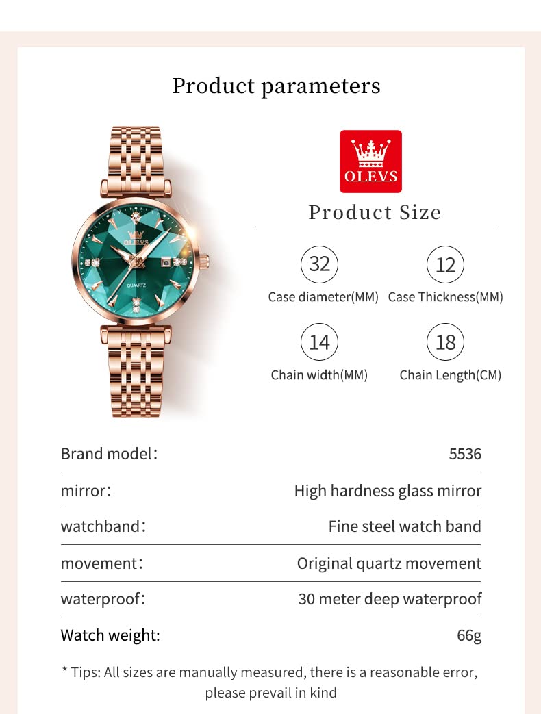 OLEVS Women's Luxury Rose Gold Diamond Analog Quartz Watch - Stainless Steel, Luminous, Waterproof with Date - Perfect for Dressy Occasions, Office & Everyday Wear