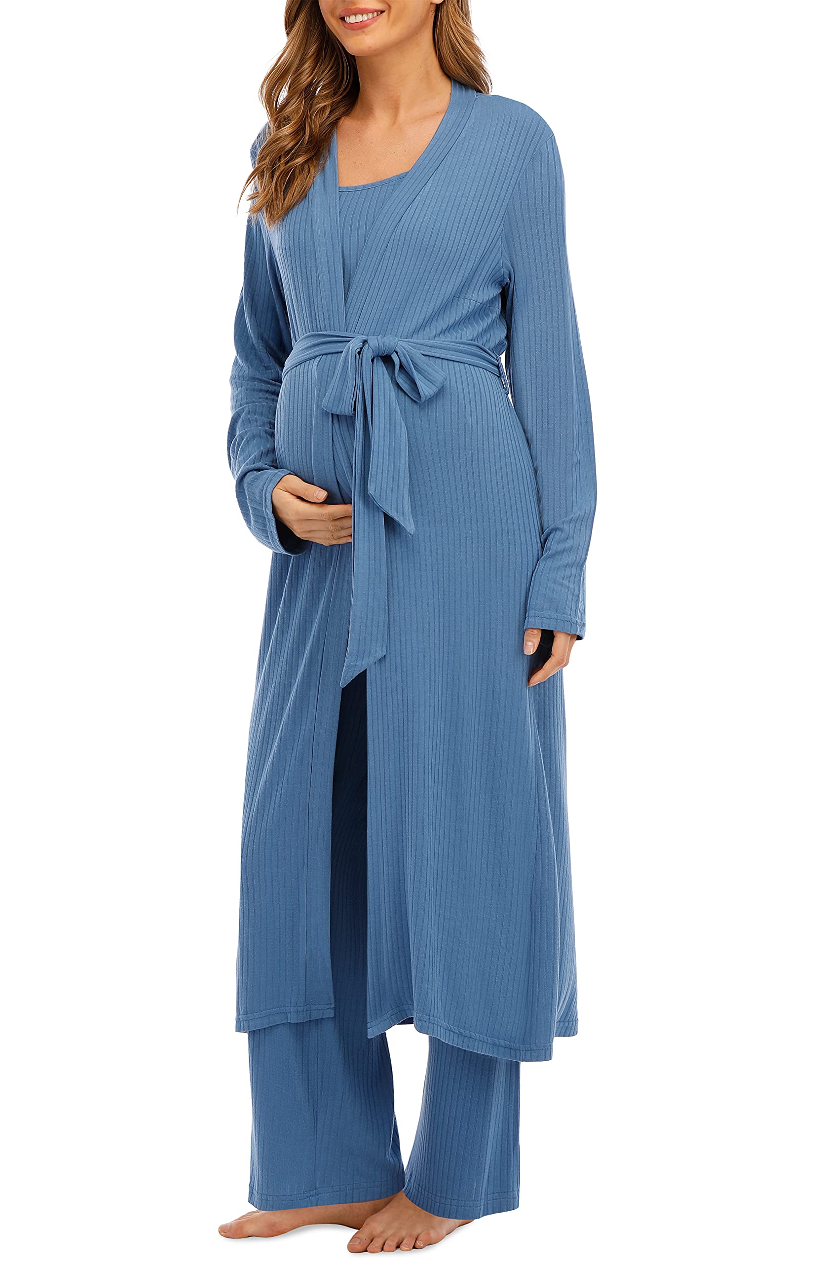 3 Piece Maternity Pajamas Set for Women - Soft & Comfortable Nursing Sleepwear with Cardigan Loungewear in Sky Blue | Perfect for Pregnancy, Breastfeeding & Relaxing at Home