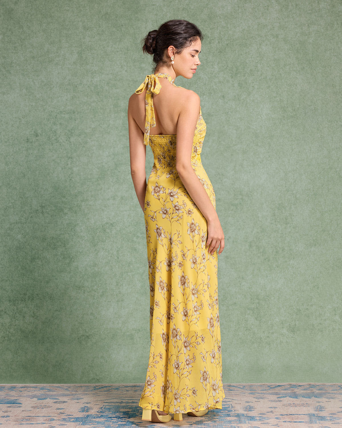 Yellow Floral Shirred Halter Maxi Dress for Women - Summer Beach Party Wedding Guest Dress - Boho Chic Long Dress with Side Slit