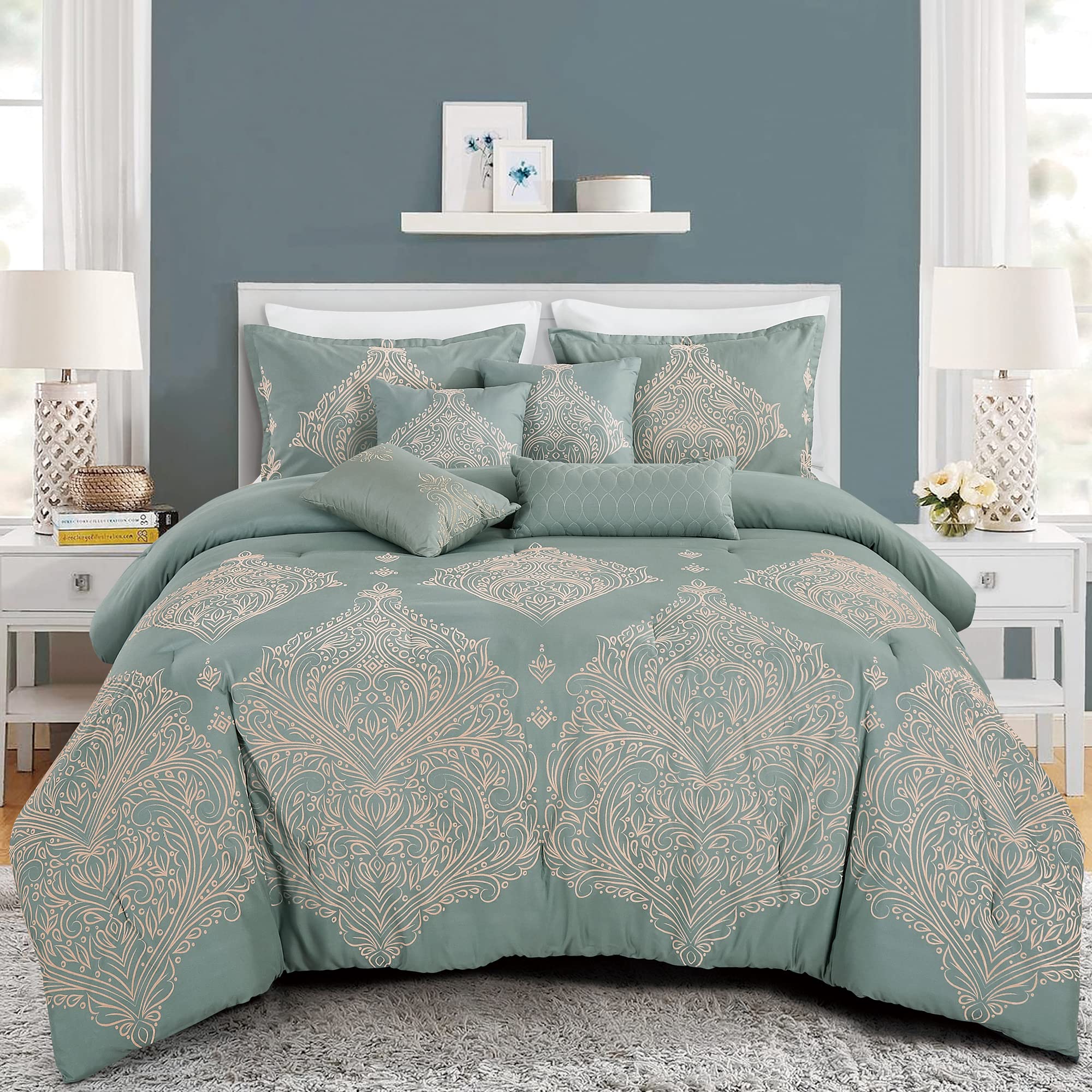 Luxury 7-Piece King/Cal-King Comforter Set with Shams & Cushions - Modern Damask Print in Teal & Beige | Elegant Royale Designs Bedding Collection | Perfect for Master Bedroom, Guest Room & Luxury Hotel Decor