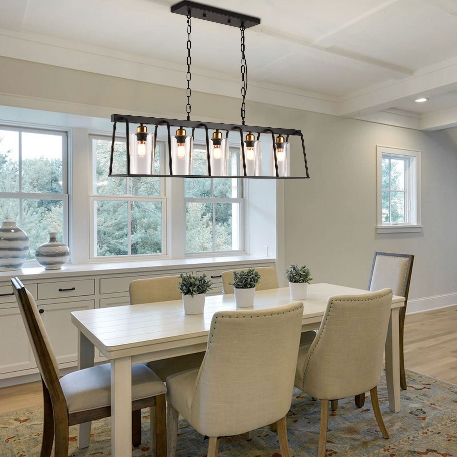Modern 5-Light Rectangle Chandelier with Clear Glass Shades - Adjustable Rustic Pendant Lighting for Dining Room, Kitchen, Bedroom, Living Room, Foyer & Hallway - Perfect for Farmhouse, Industrial & Contemporary Home Decor