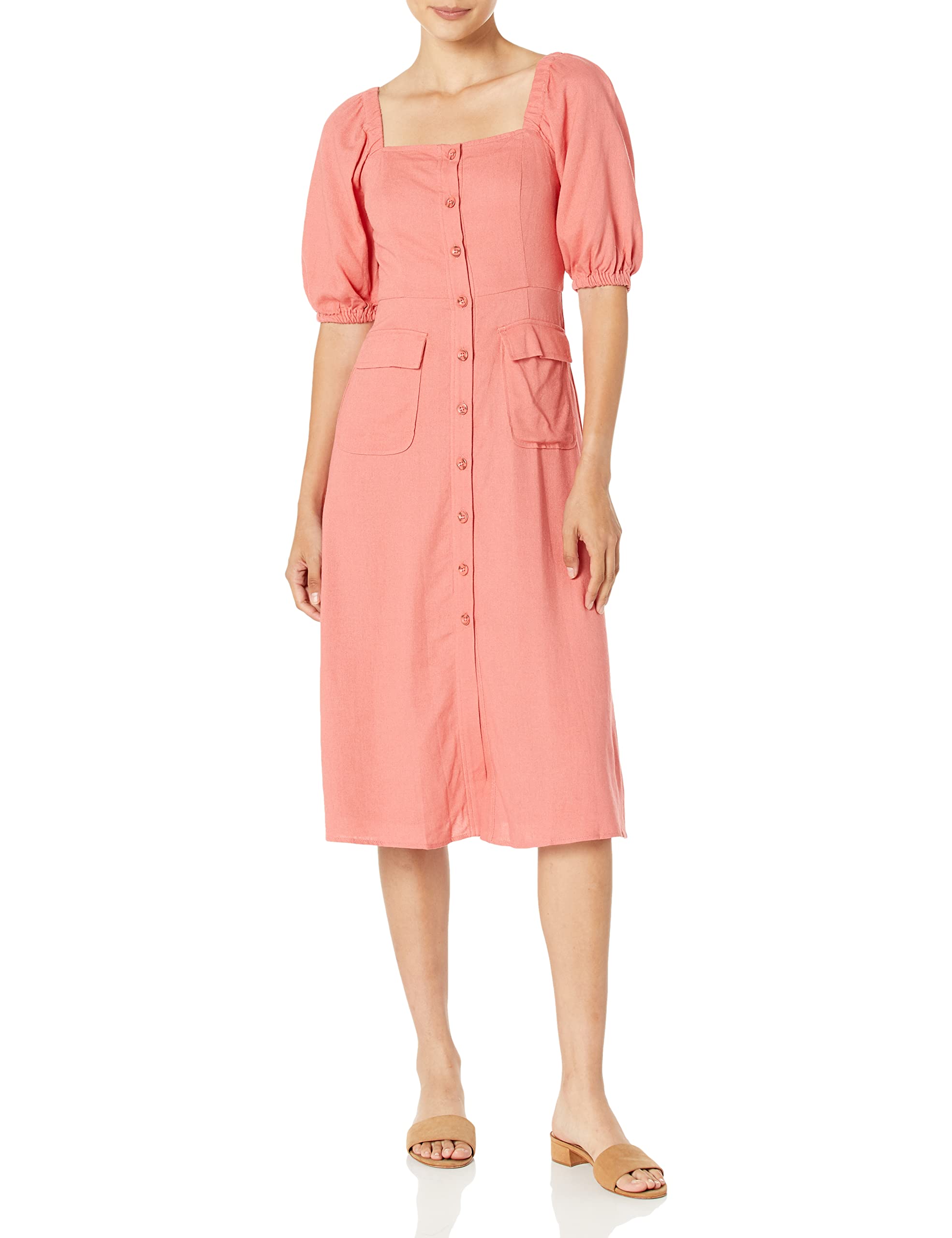 BCBGMAXAZRIA Women's Fit & Flare Midi Dress with Puff Elbow Sleeves & Front Pockets - Button Down Casual Dress for Office, Party & Special Occasions
