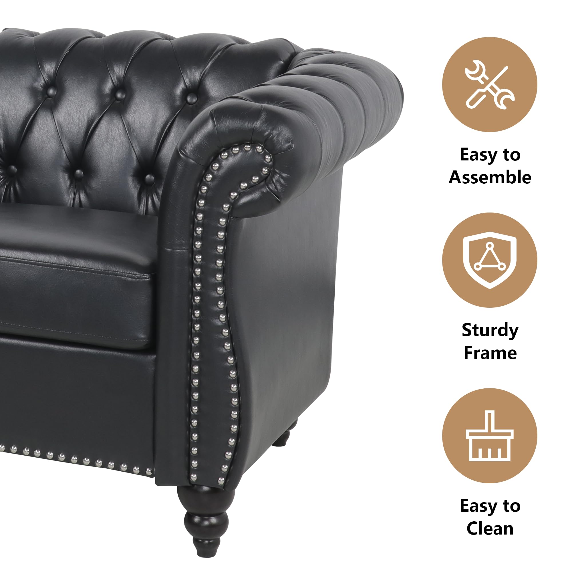 QHITTY Chesterfield Accent Chair - Modern Tufted Leather Upholstered Living Room Chair for Home Office & Lounge (Black) - Perfect for Reading Nooks, Living Rooms & Cozy Spaces