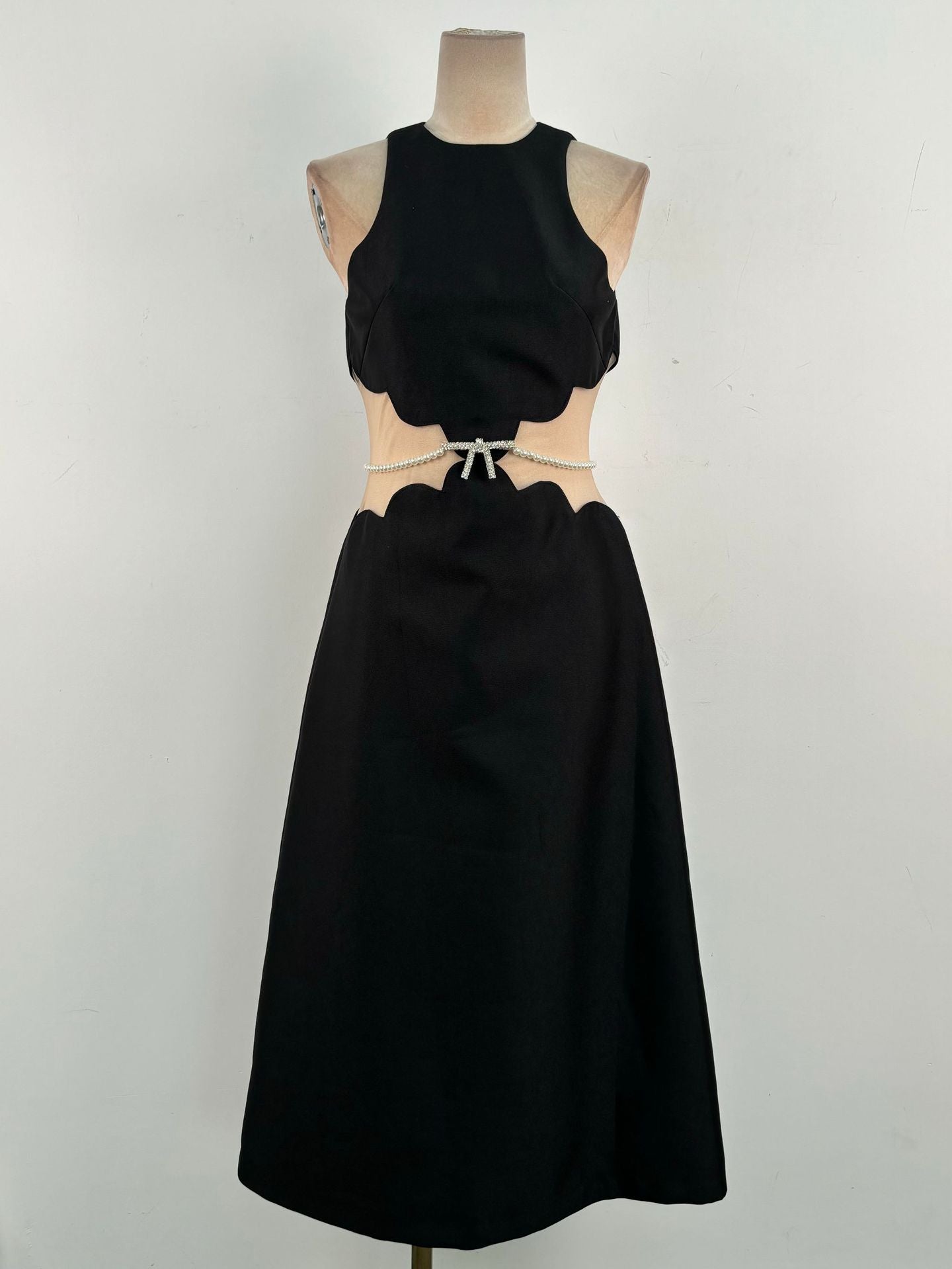 Elegant Black Pearl Embellished Midi Dress for Women - Perfect for Evening Parties, Weddings & Special Occasions