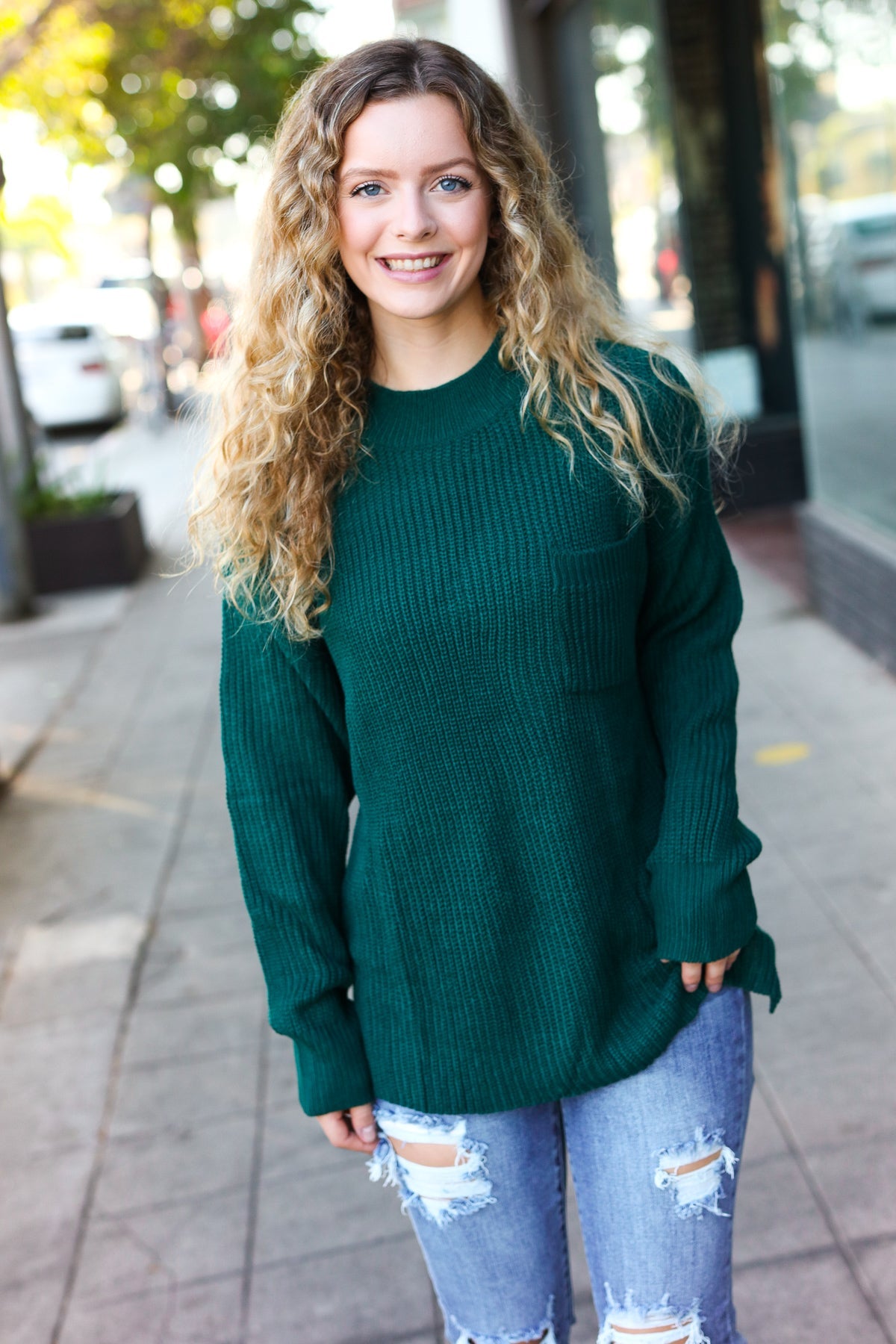 Stylish Hunter Green Mock Neck Knit Sweater with Chest Pocket - Cozy Winter Wear for Women | Perfect for Casual Outings & Office Attire