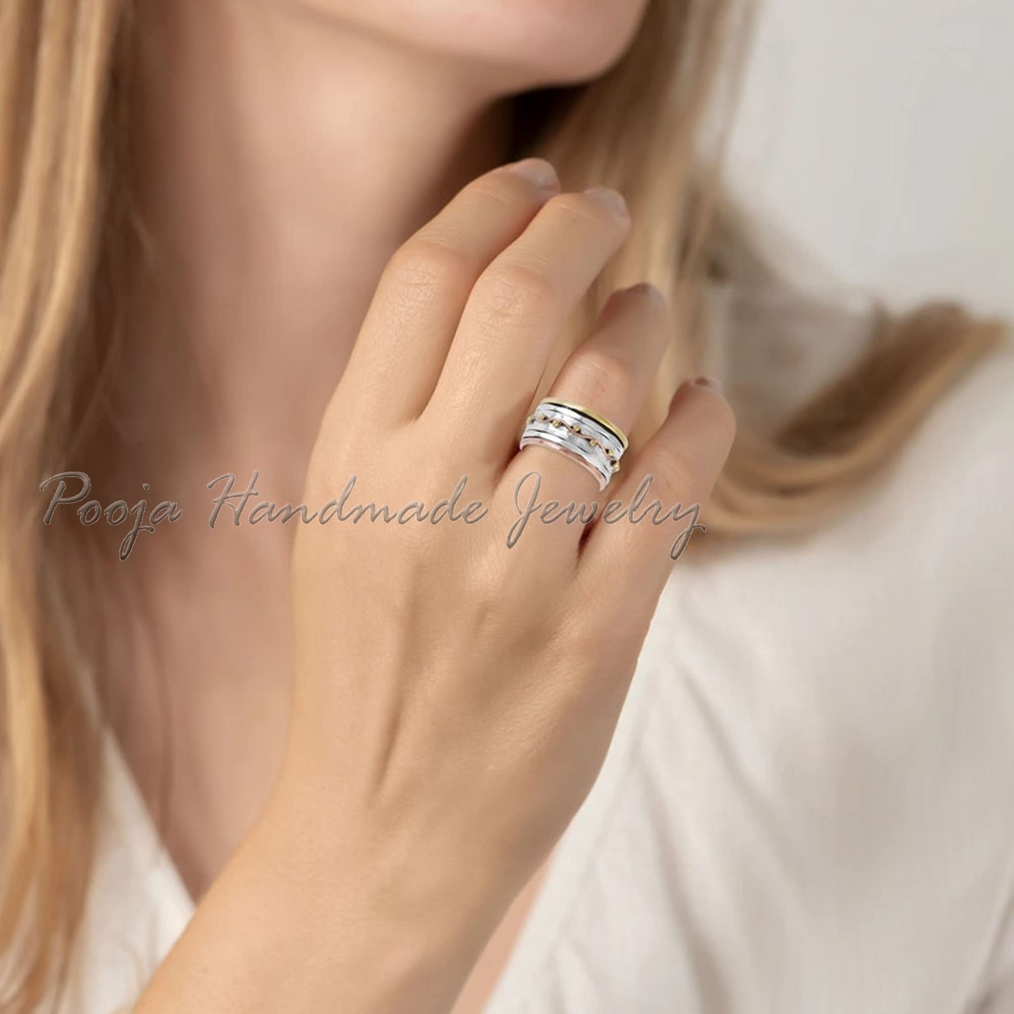 925 Sterling Silver Spinner Ring for Women - Handmade Brass & Copper Fidget Jewelry, Stress Relief Meditation Ring, Valentine's Day Gift for Her - Perfect for Anxiety Relief, Office Focus & Relaxation